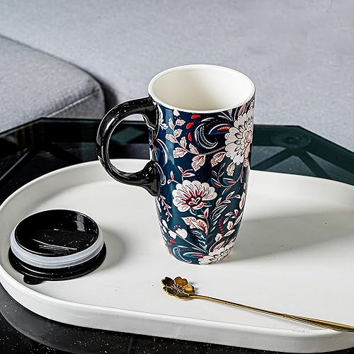 Miniatura 3 de Topadorn Taza de café de cerámica Taza de té de porcelana con tapa y caja de regalo 17oz, flor azul