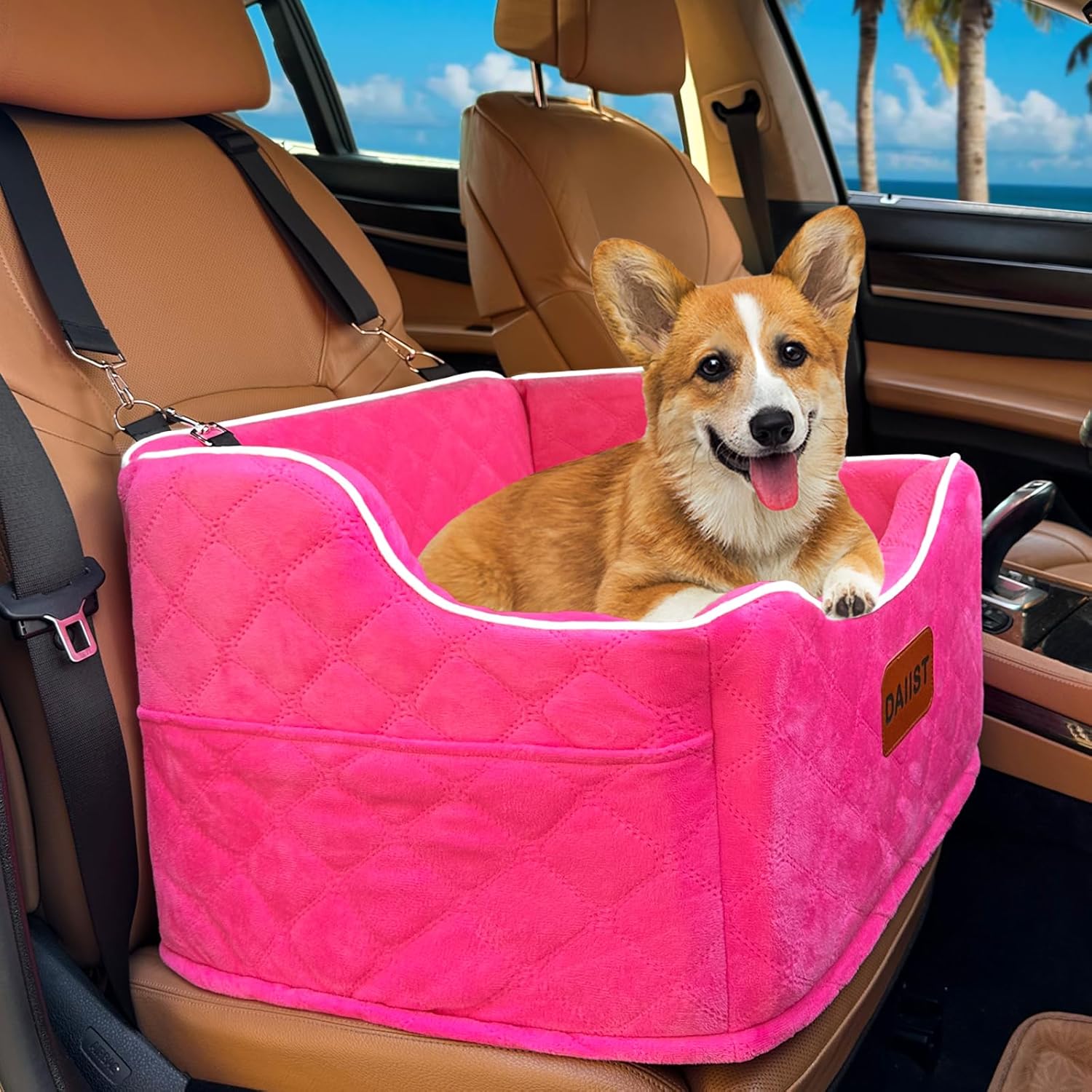 Dog Car Seat for Small Dogs, Memory Foam Dog Booster Seat for Medium Dogs Under 35lbs, Detachable and Washable Elevated Pet Car Seat with Storage Pockets (Rose Red, One Size) Rose Red One Size