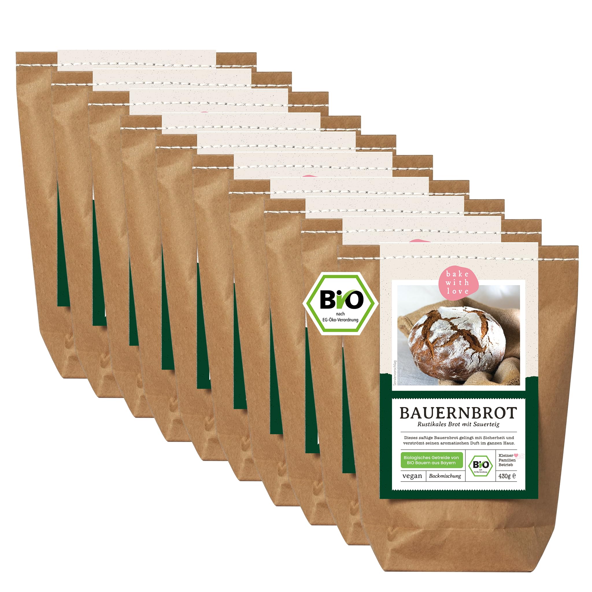 Bauernbrot Bio Backmischung - Brotbackmischung für Sauerteigbrot Brot mit Sauerteig selber backen - 100% Zutaten aus Deutschland - auch für Brotbackautomaten geeignet -Bake with Love (10er Pack)