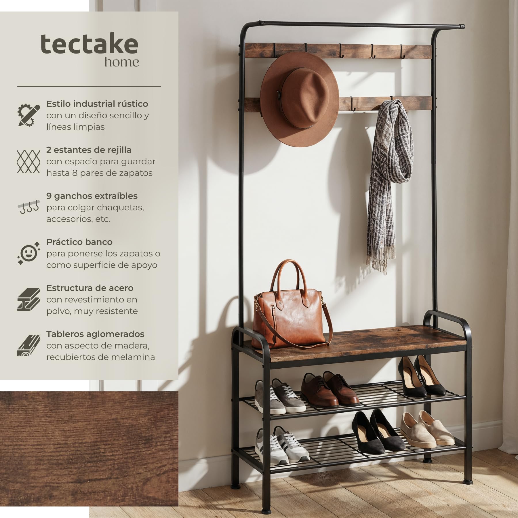 tectake® Perchero Entrada Recibidor, Banco de Madera, Colgador de Ropa, Barra Perchero, Zapatero con Perchero, Dos Estantes, Mueble Zapatero - 85,5 x 36 x 184 cm Madera Industrial Oscura, Rústica