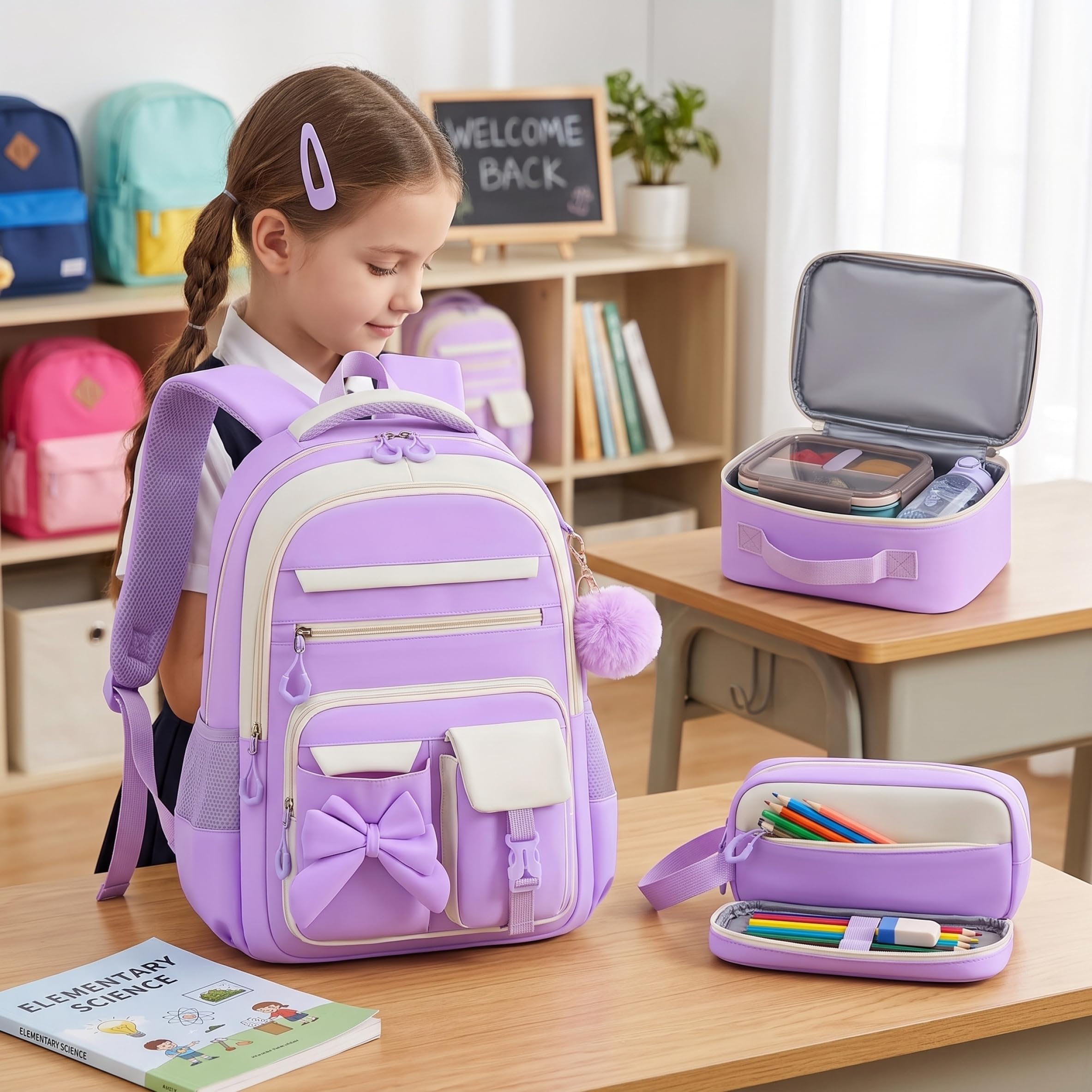 Mochila con lazo para niñas, mochila para niñas de 3 piezas para la escuela con bolsa de almuerzo, estuche para lápices, linda para niños y adolescentes, apta para jardín de infantes, prim