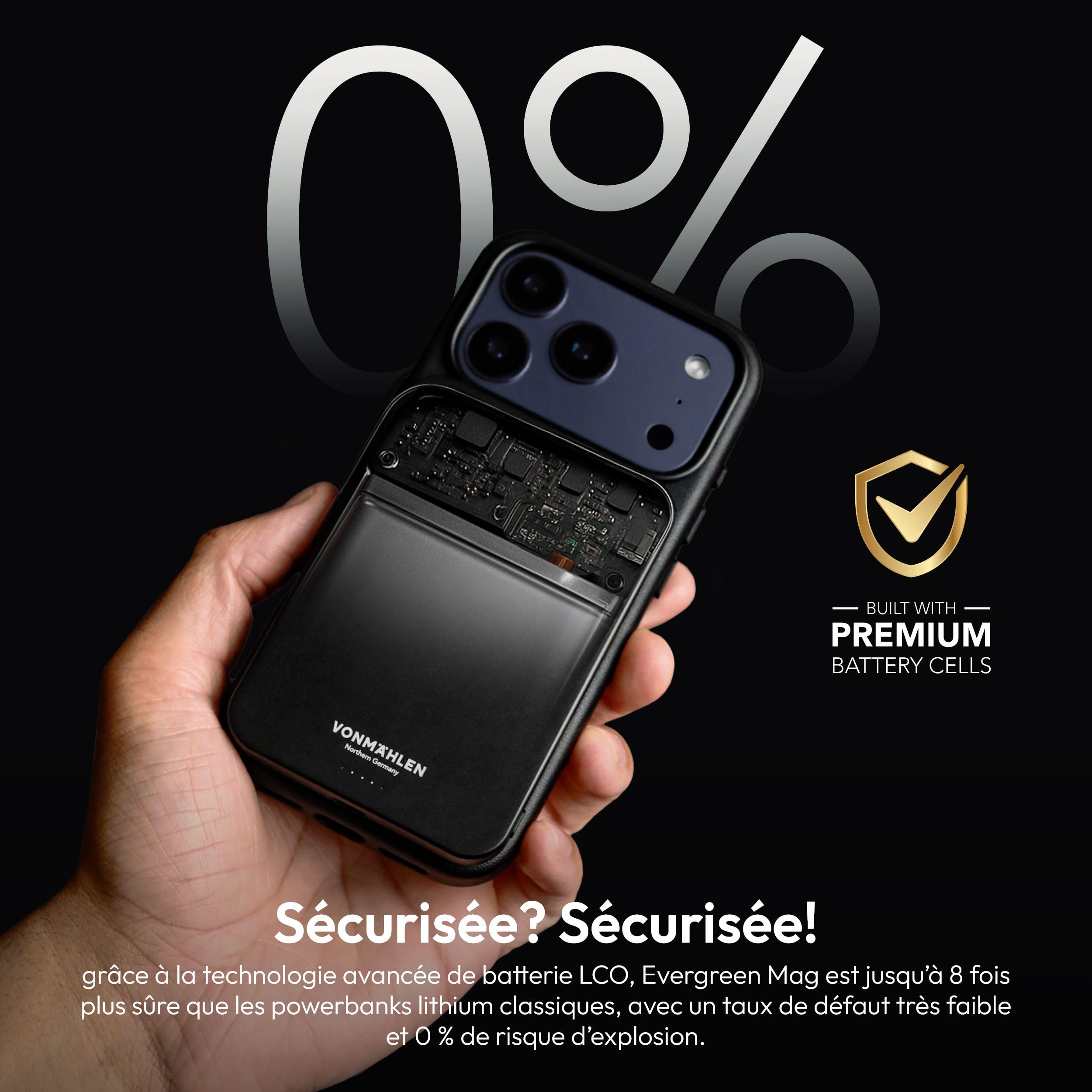Vonmählen Evergreen Mag - Batterie Externe magnétique Ultra-Fine 5000 mAh, Charge Rapide sans Fil et USB‑C PD, certifiée Qi2 - Noir