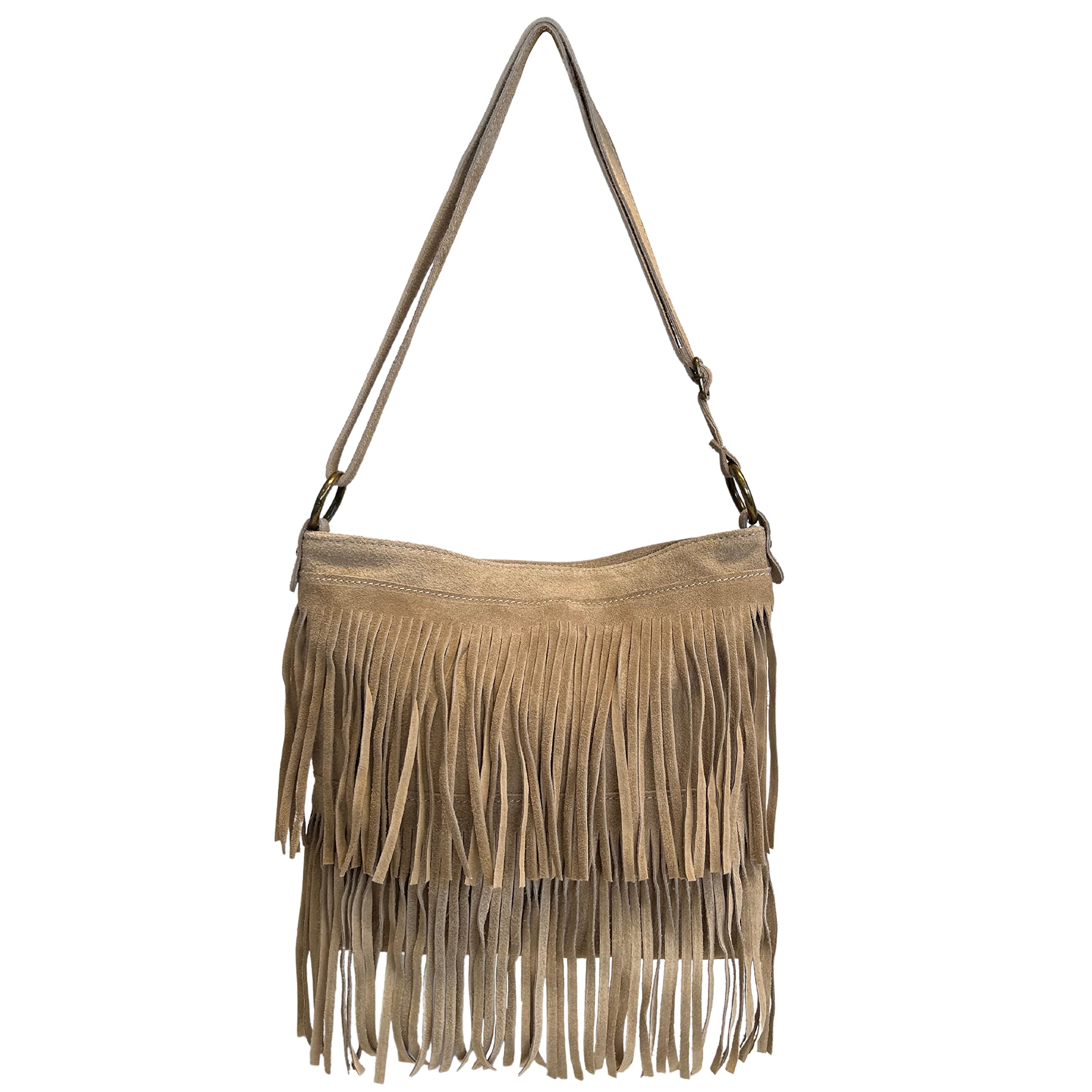 Borsa a tracolla con frange in camoscio - borsa tracolla donna in pelle scamosciata