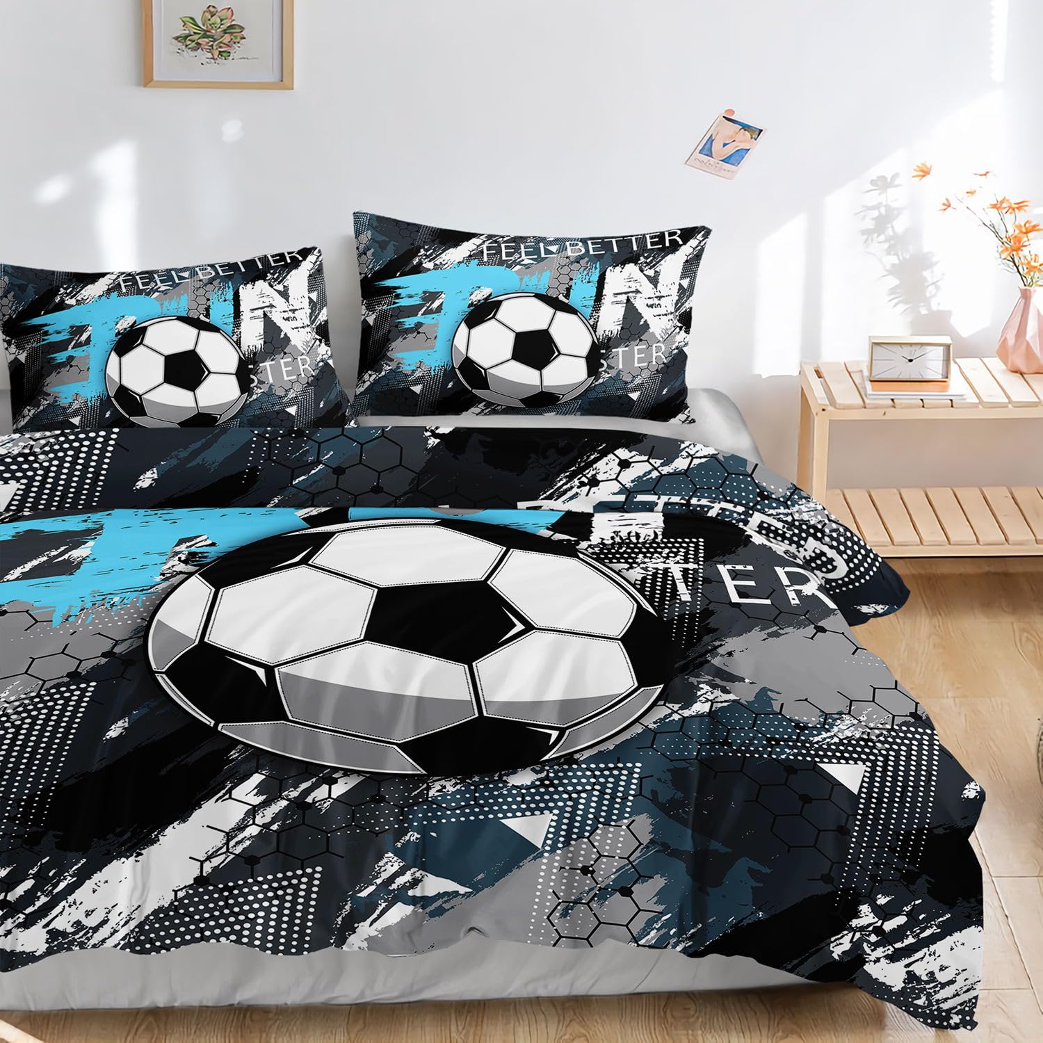 HOSIMA Fußball-Bettwäsche-Set Bettbezug mit 2 Kissenbezügen Graffiti-Cartoon-Fußball-Druck
