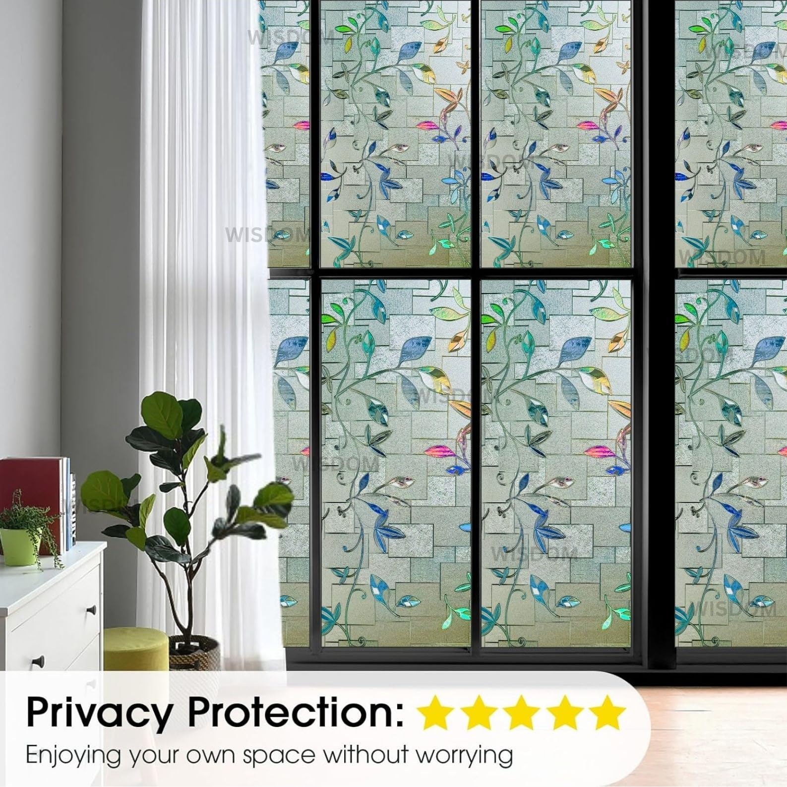 WISDOM Premium Frosted Glass Window Film Self Adhesive Decorative Glass Window Privacy Sheet Film UV Control Removable Vinyl Privacy Film (Rainbow Leaves, 12x100 Inch) 3
