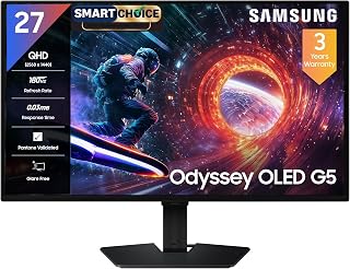 Samsung 27" Odyssey QD-OLED G5 Gaming Monitor (Smartchoice) |QHD 2560 x 1440|180 Hz|0.03ms|Pantone-Validated|G-Sync|Free Sync|Glarefree|Ports-DP,HDMI,Headphone|1 Billion Color| LS27FG502SWXXL|Black