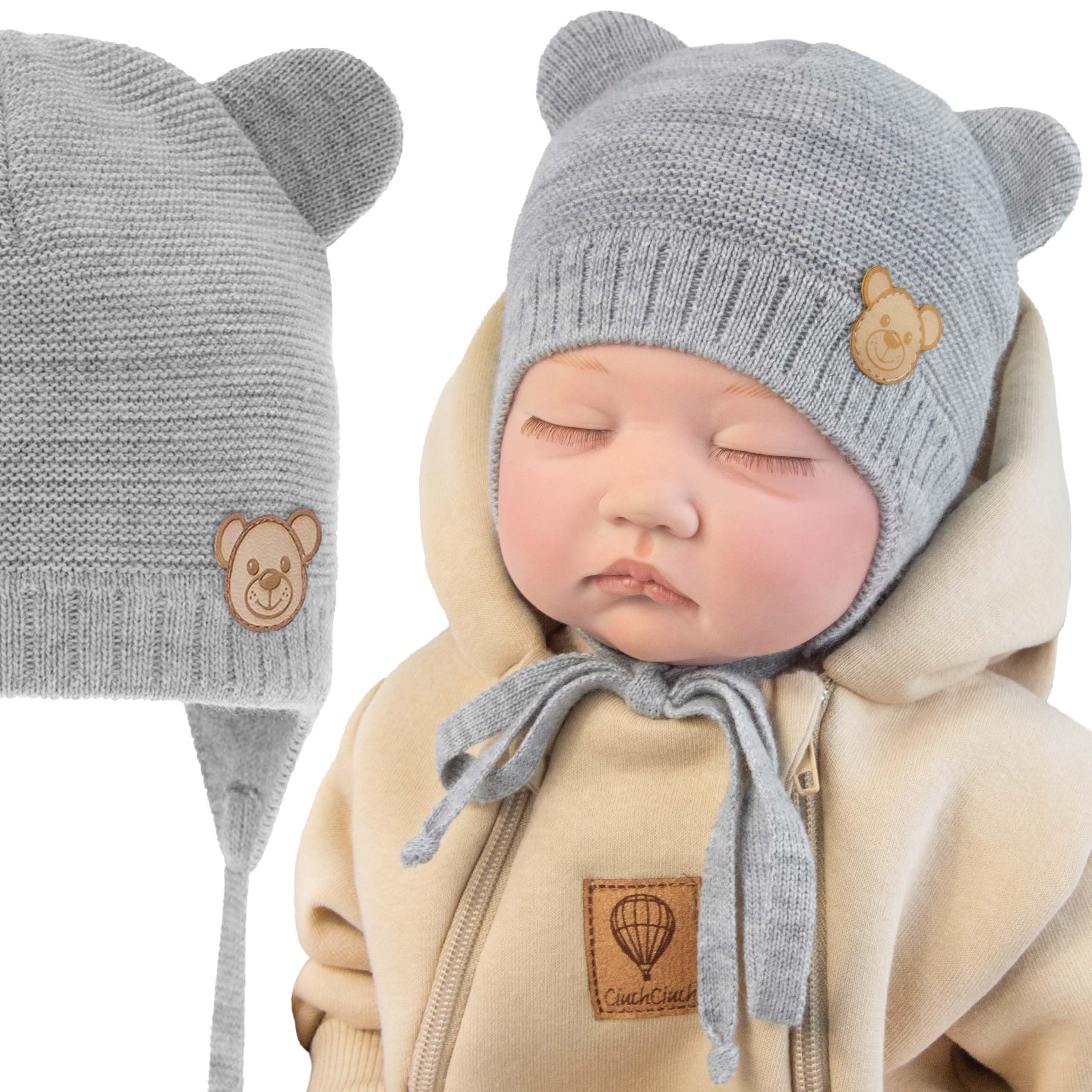 Czapka Niemowlęca z Uszami Wiązana - Czapka Zimowa dla Dziewczynki Chłopca Niemowlaki - Do Chrztu – 100% Akryl – Podszewka Bawełna Elastan –