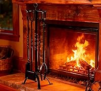 FireBeauty 5-Piece Black Fireplace Tool Set with Stand - Durable Cast Iron Poker, Shovel, Tongs, Brush for Indoor Stoves & Outdoor Fire Pits