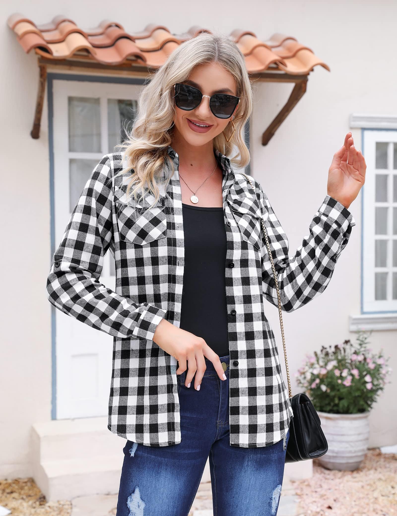 Aottori Camicia Donna a Quadri in Cotone Blusa Maniche Lunghe Camicetta Scozzese con Bottoni Camicie Flanella Classico Shirts Casual