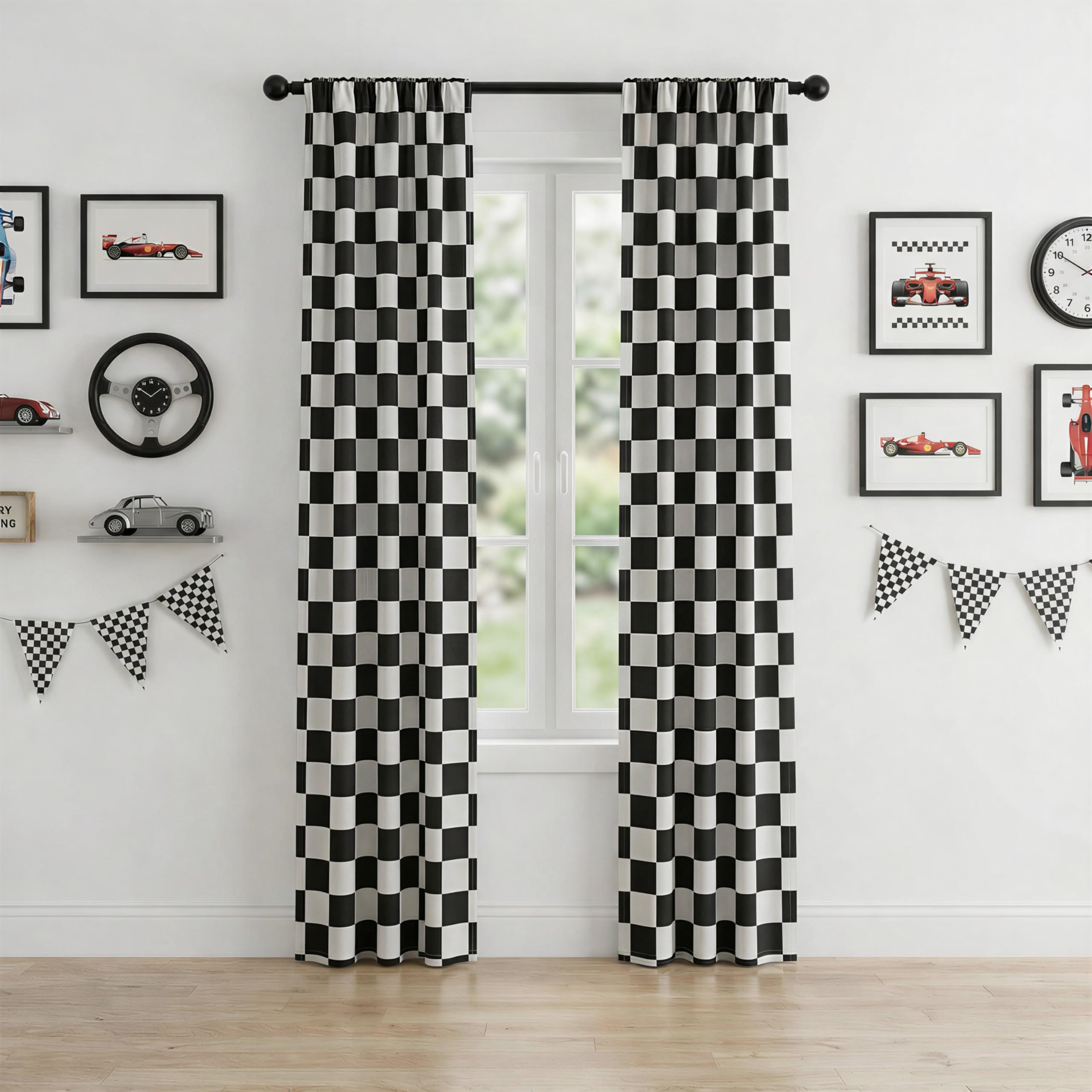 BOHOMOCASA Rod Pocket & Back Tab Checkered Curtains, 100% Blackout, Race car Flag Checkerboard Curtains, Thermal Insulated, Noise Reducing, 3-inch Checkered, 2 Panels, Each W21×L84