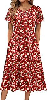 Women's Summer Short Sleeve A-Line Midi Dresses Casual Floral T-Shirt Dress Flowy Beach Sundress with Pockets - Buy now