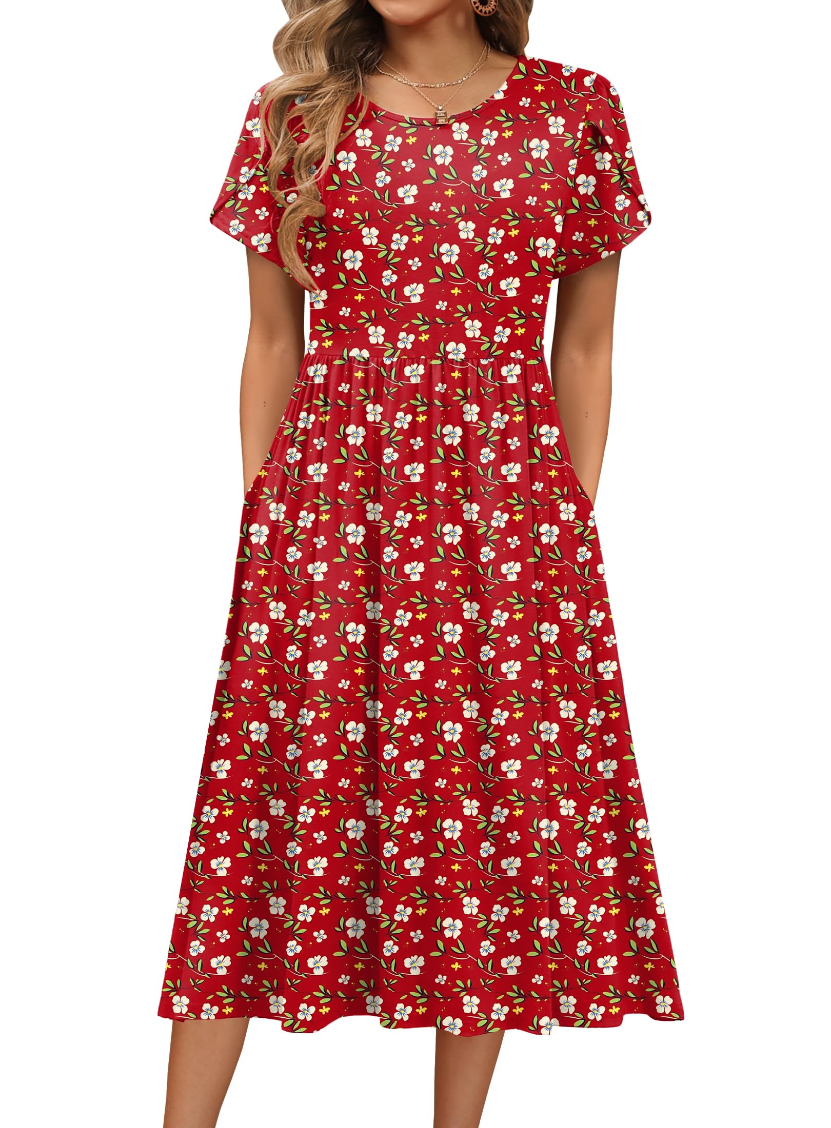 HOTOUCHWomen's Summer Short Sleeve A-Line Midi Dresses Casual Floral T-Shirt Dress Flowy Beach Sundress with Pockets