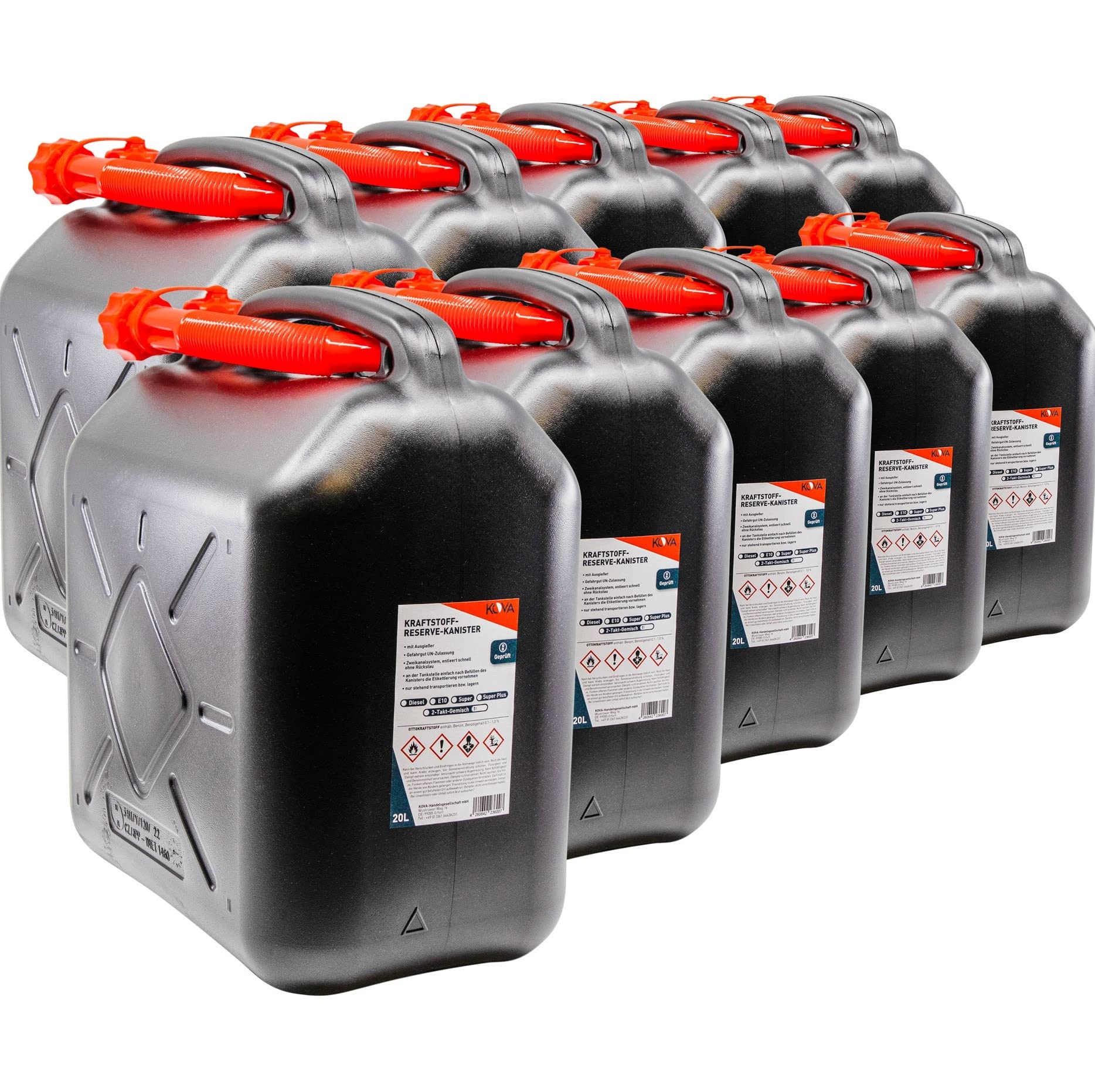 KOVA® 10x Benzinkanister 20L SCHWARZ Kunststoff Dieselkanister Reservekanister Kraftstoffkanister 20 Liter Wasserkanister für Benzin Diesel Wasser AdBlue 20-Liter-Kanister Außgießer 20 ltr Petrol Can