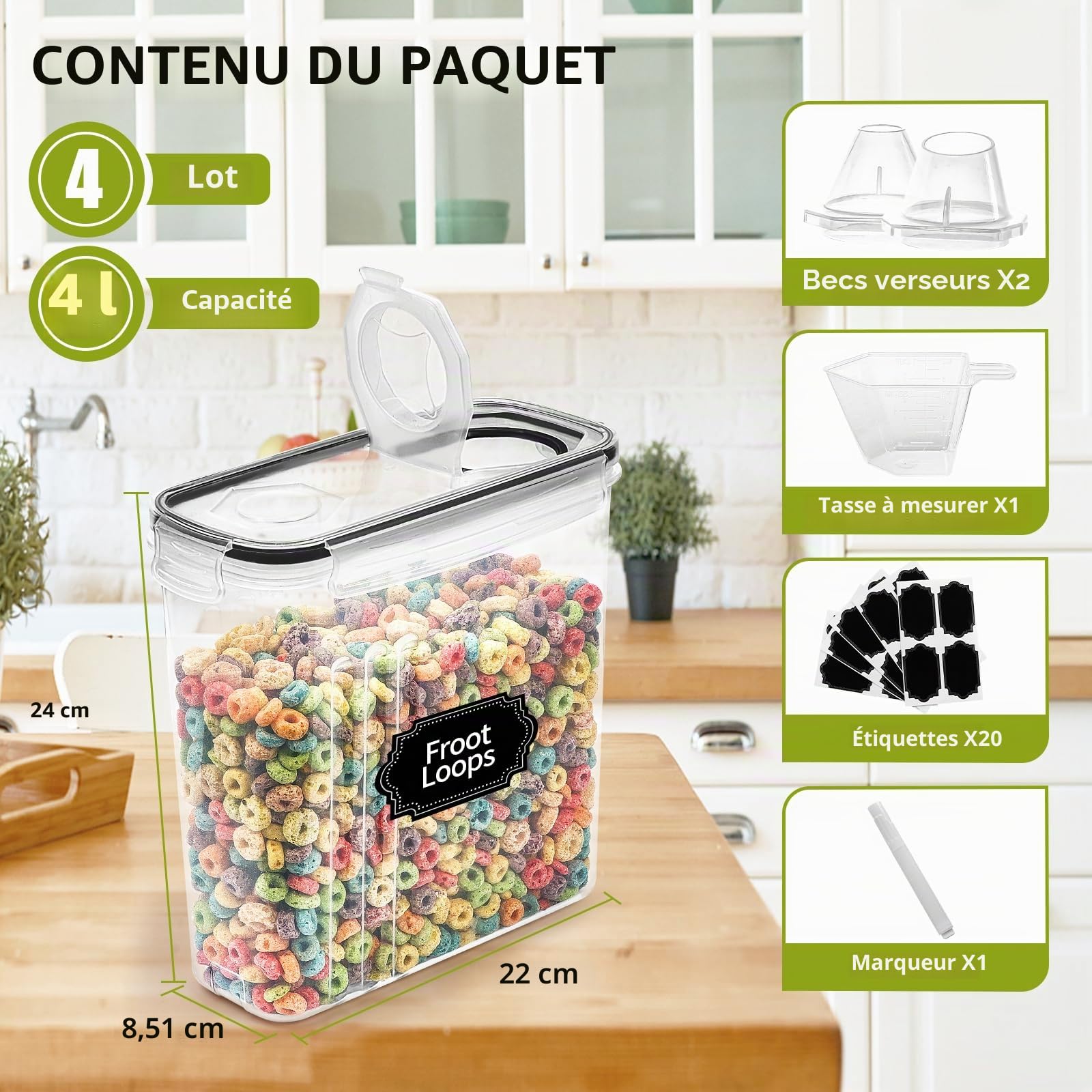 Skroam Lot de 4 boîtes de rangement hermétiques pour céréales avec bec verseur pour cuisine et garde-manger, distributeurs de céréales en plastique, tasse à mesurer et 20 étiquettes (4 l)
