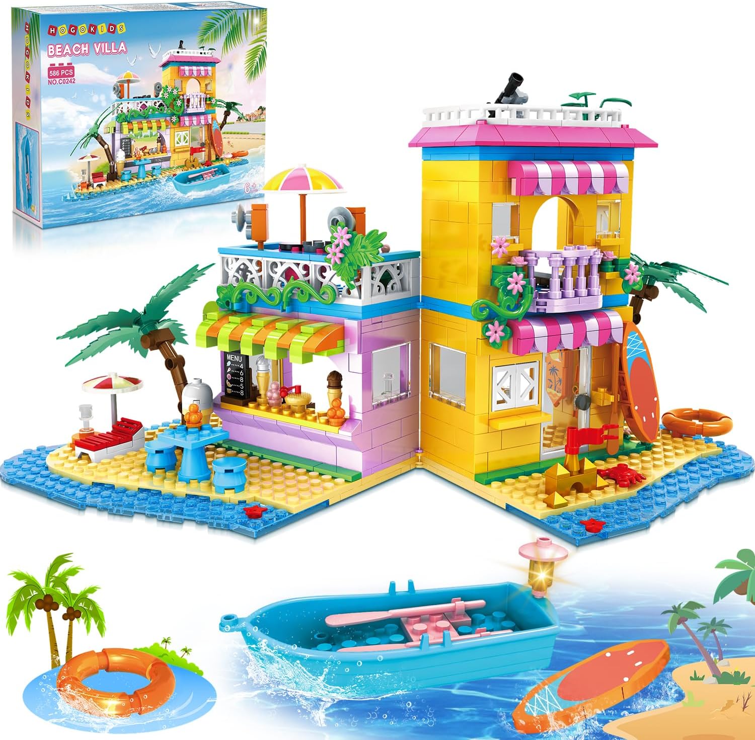 HOGOKIDSBeach House Building Set - Seaside Villa Building Toys Friends Vacation Hut Construction Blocks 586PCS Cottage Playset Birthday for Kids Girls Boys Age 6 7 8 9 10 11 12 Years