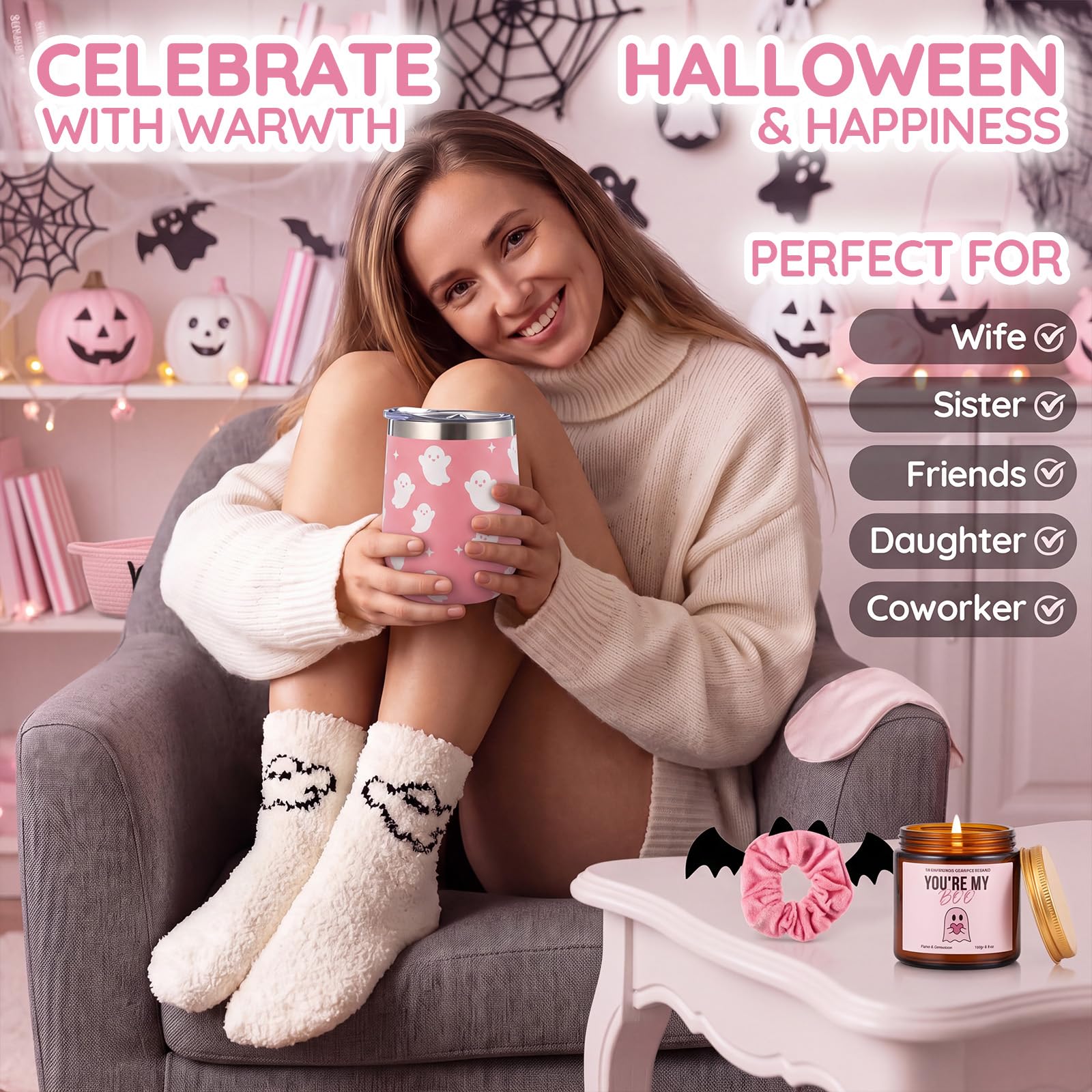 Patelai Halloween Boo Geschenkkorb-Set für Damen, rosa Geist
