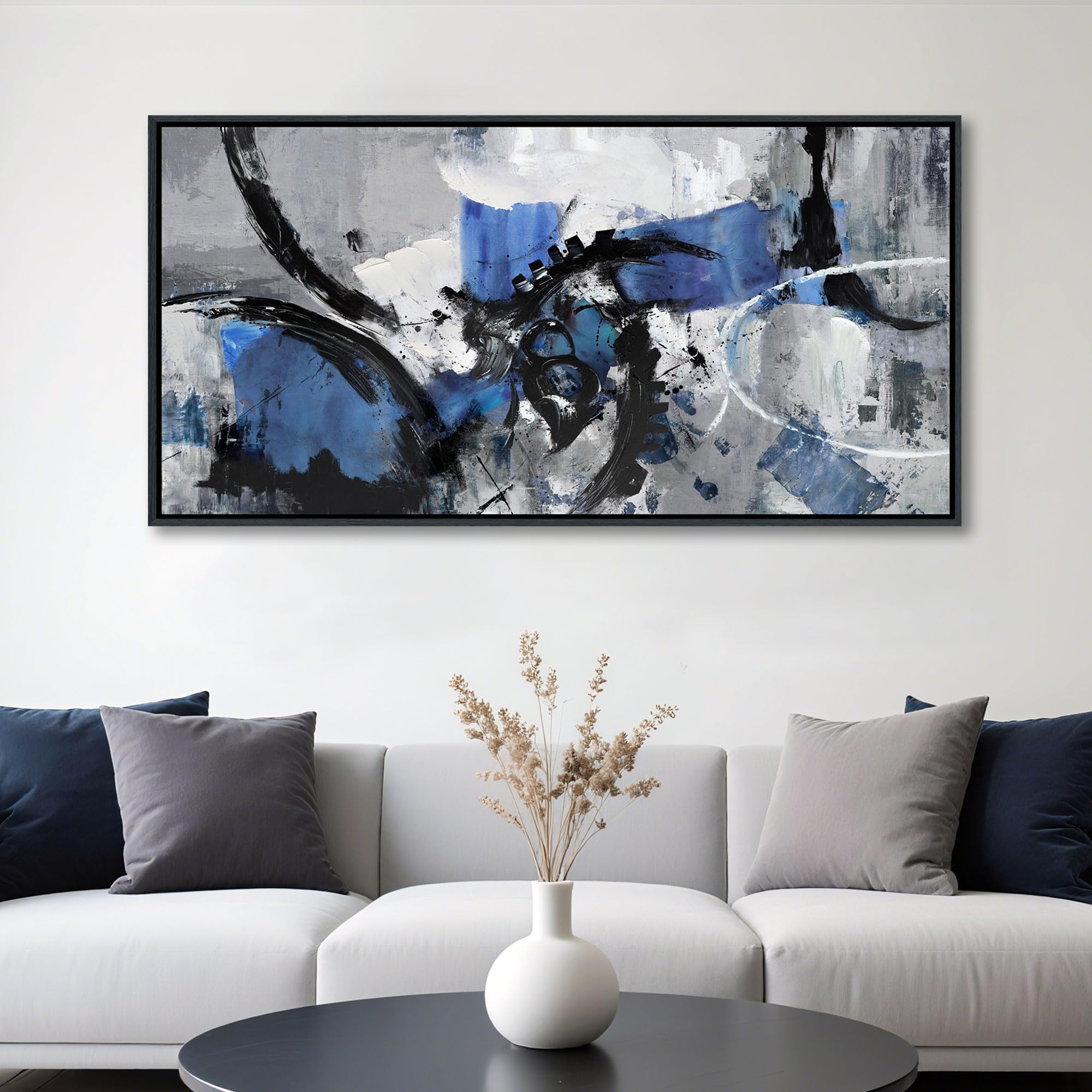 Blue Abstract Canvas Wall Art: Large Wall Art Paintings for Living Room, Modern, Framed Artwork in Blue and Black -Bedroom, and Office Decorations for