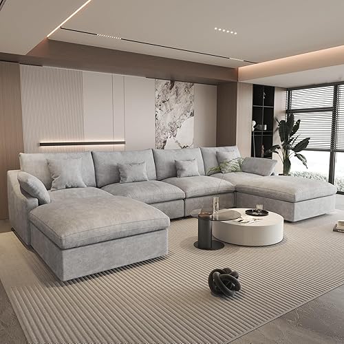 Miniatura 20 de WJShome - Sofá seccional modular en forma de nube para sala de estar, sofá de 160" con relleno de plumón en forma de U con otomano, sofás