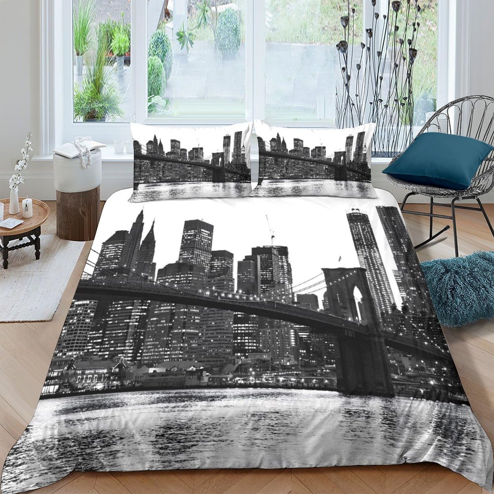 Ctjqhvkz Style-1 3D Printed Black White City Skyline Fitted Sheet Microfiber Soft Urban Bridge Mattress Cover For Bedroom Dorm Decor Single（135X200cm）