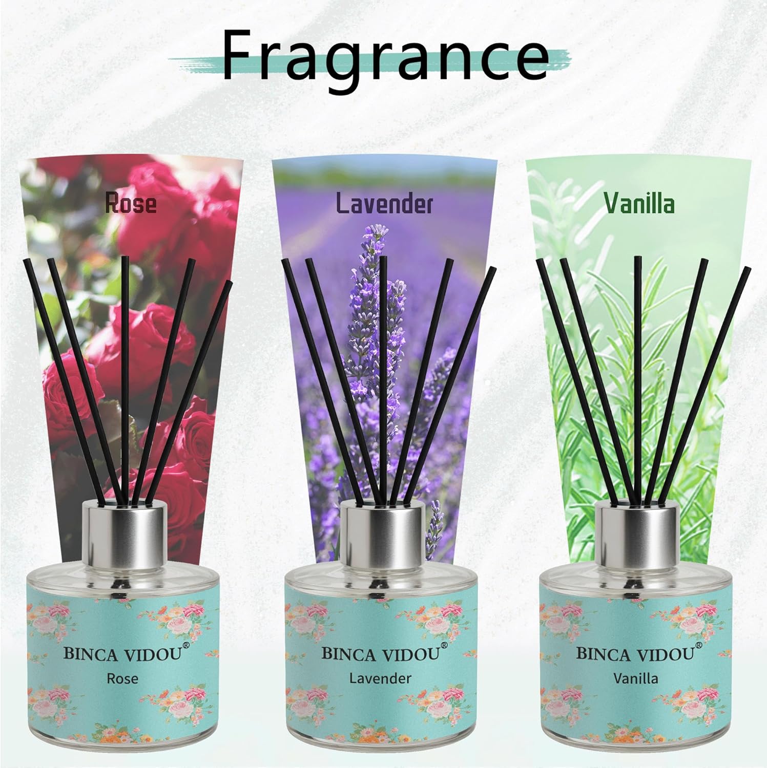 Binca Vidou Reed Diffuser Set of 3, Lavender, Rose, Vanilla Aromatherapy Oil Diffusers for Bedroom, Living Room, Office, Gift & Stress Relief, 50ml x 3 - Image 2