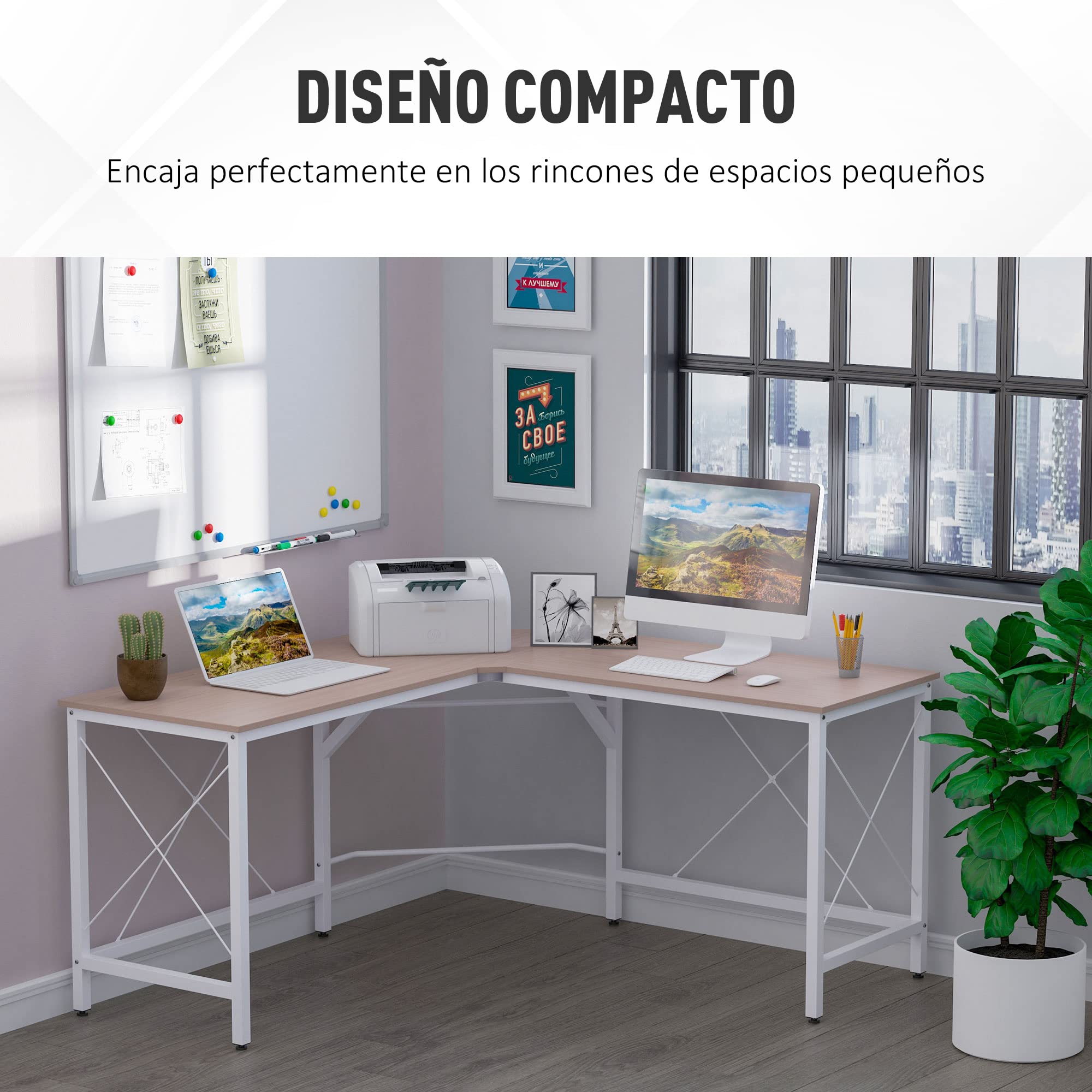 HOMCOM Escritorio en Forma de L Escritorio Esquinero Moderno con Marco de Acero Carga 70 kg para Oficina Hogar Estudio 150x150x76 cm Roble