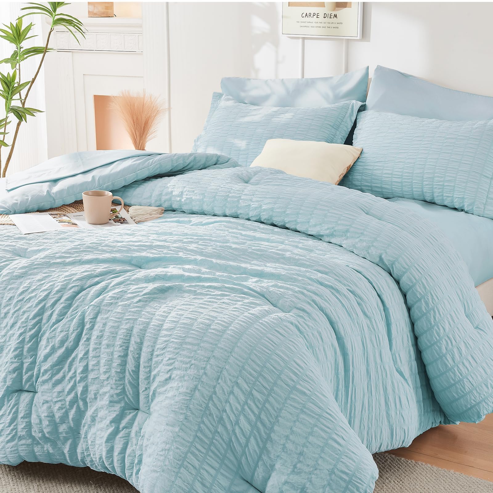 HYMOKEGE Lake Blue California King Comforter Set Seersucker 7 Pieces, All Season Luxury Bed in a Bag for Bedroom, Bedding Set with Comforters, Sheets, Pillowcases & Shams — image 1