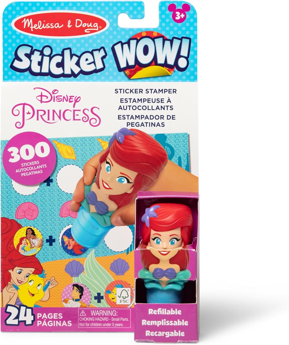 Sticker Wow!™ 24-Page Activity Pad and Sticker Stamper, 300 Stickers, Arts and Crafts Fidget Toy Collectible Character – Disney Princess Ariel - for Kids Ages 3+ - FSC Certified