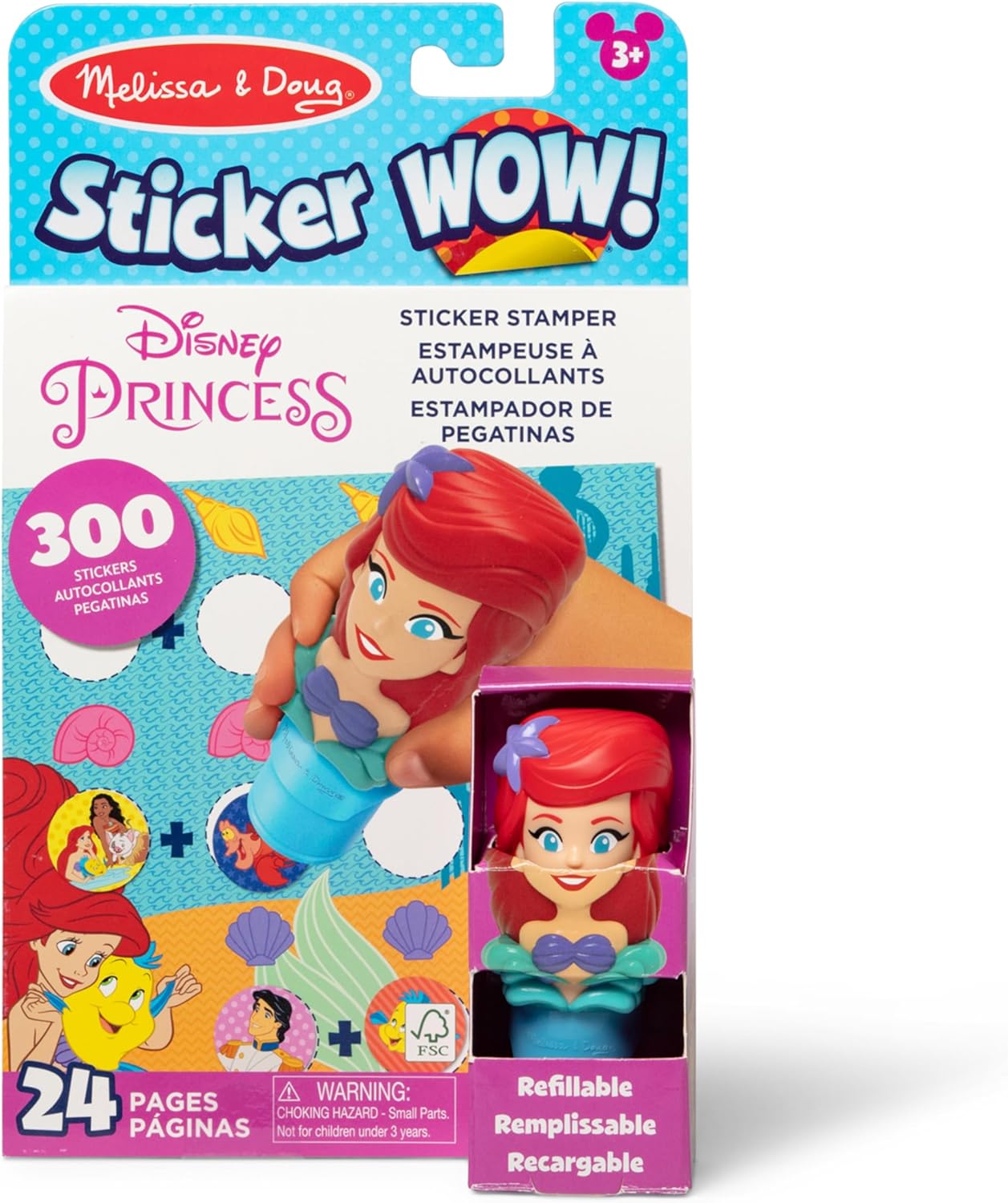 Melissa & Doug Sticker Wow!™ 24-Page Activity Pad and Sticker Stamper, 300 Stickers, Arts and Crafts Fidget Toy Collectible Character – Disney Princess Ariel - for Kids Ages 3+ - FSC Certified