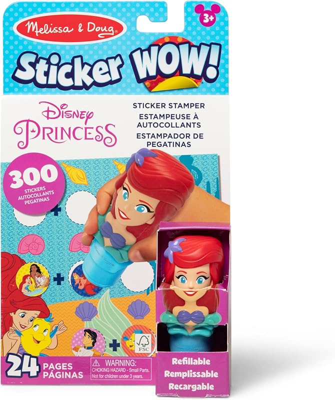 Sticker Wow!™ 24-Page Activity Pad and Sticker Stamper, 300 Stickers, Arts and Crafts Fidget Toy Collectible Character – Disney Princess Ariel - for Kids Ages 3+ - FSC Certified
