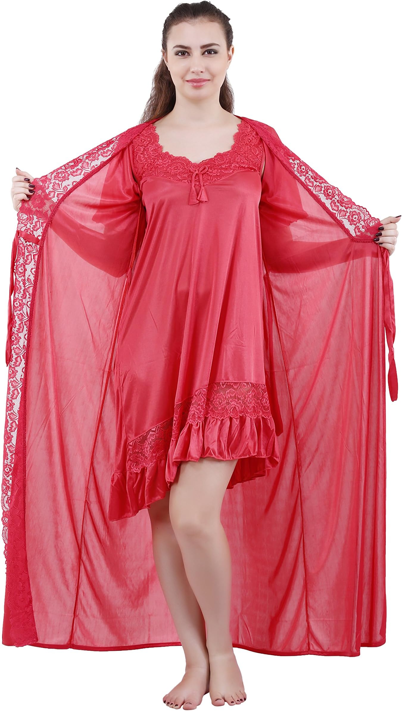 Romaisa Women's Satin Solid Maxi Length Nighty with Robe (Size - Free Size) (Nightwear Set Pack of 2)