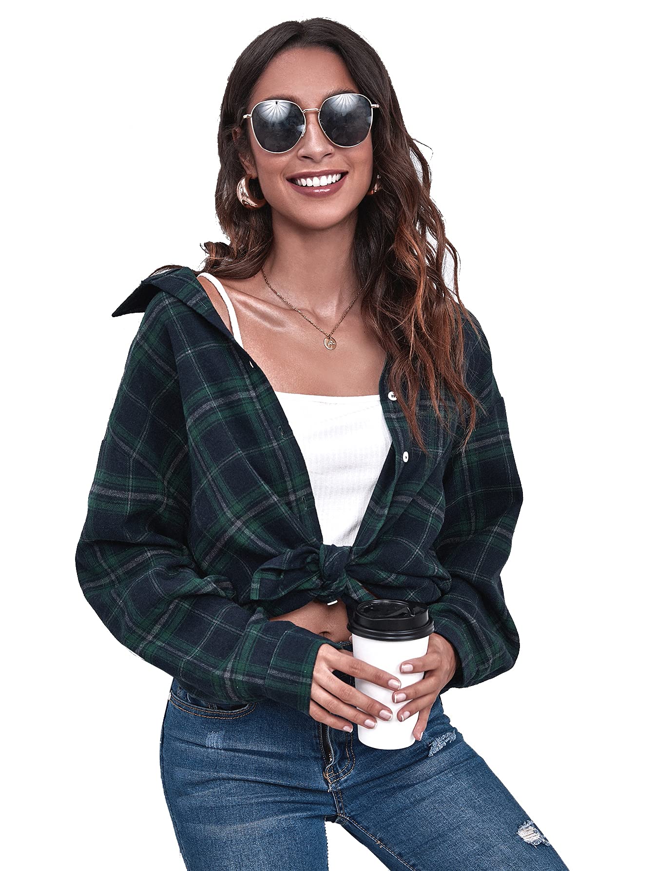 SweatyRocks Women's Long Sleeve Collar Long Button Down Plaid Shirt Blouse Tops