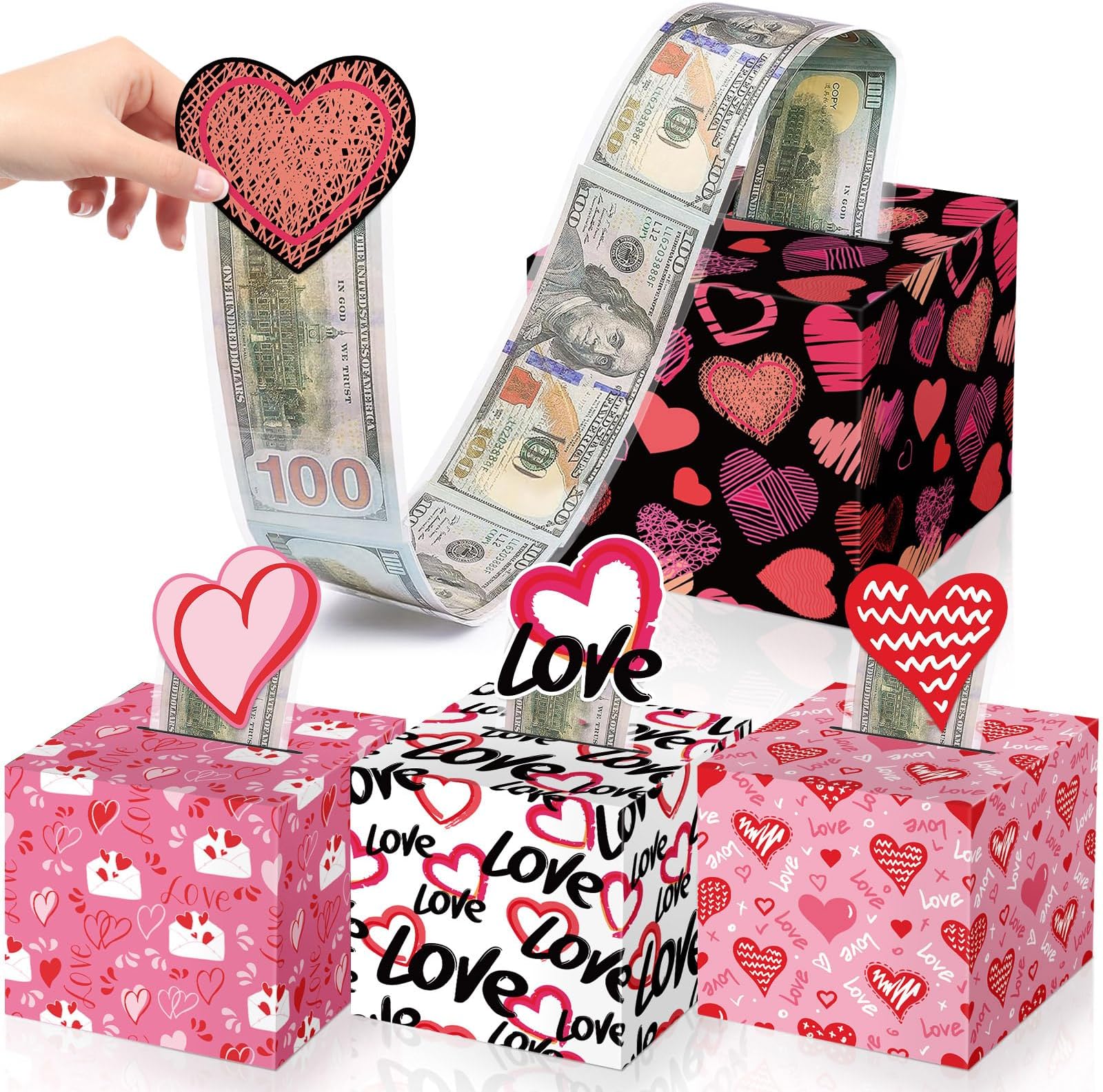 Chiazllta 4 Pcs Valentine's Day Money Box for Cash Pull Money Pull Box for Cash Gift with Greeting Card Valentine Surprise Money Roll Gift Box DIY Money Box Pull Out Kit for Birthday Valentines