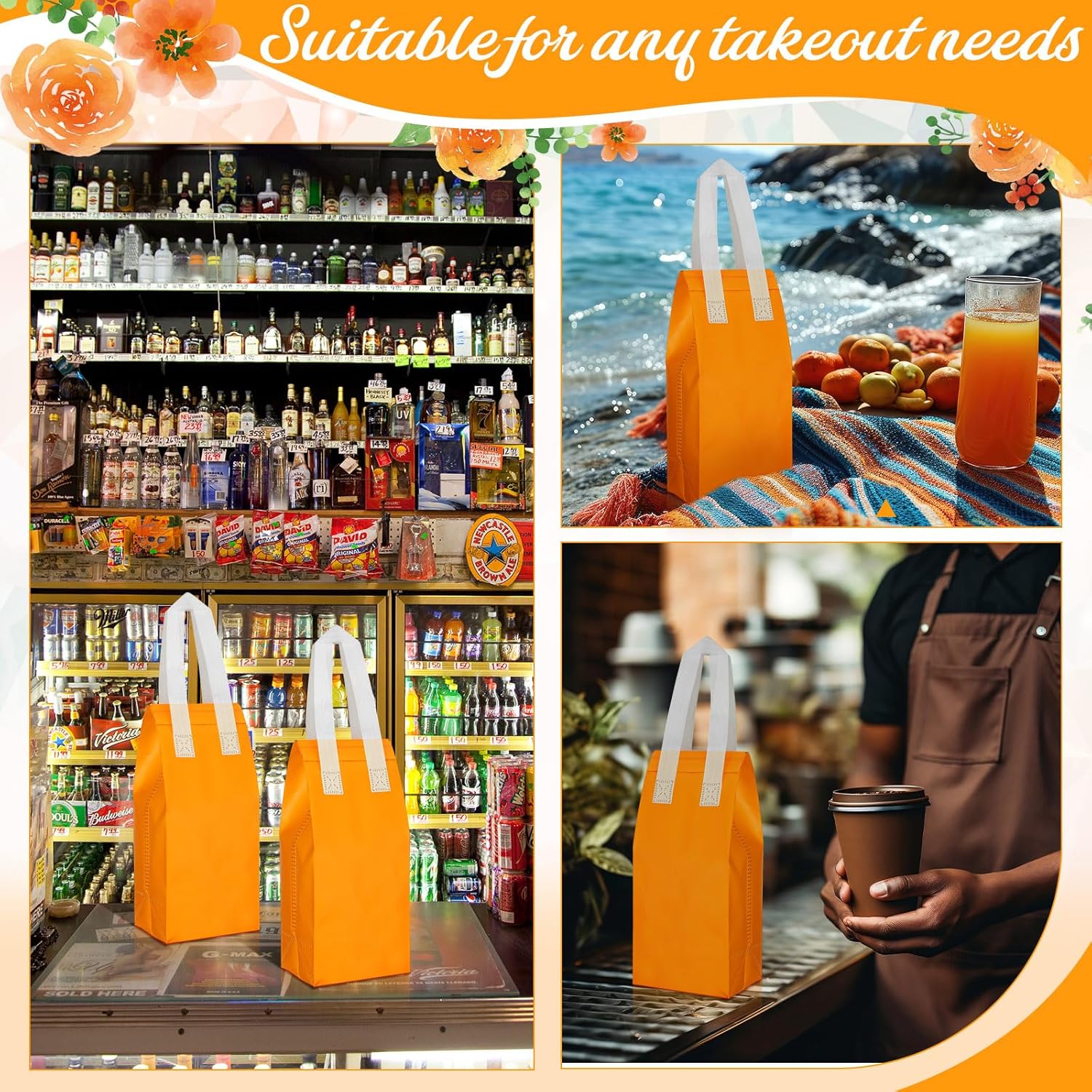 Windyun 100 Pcs Insulated Take Away Bags Bulk Disposable Insulated Lunch Bags for Food Takeaways Coffee Milk Tea Hot Cold Food Fresh Seafood Cooler Restaurant Grocery, 4.7 x 11 x 4 Inches (Orange)