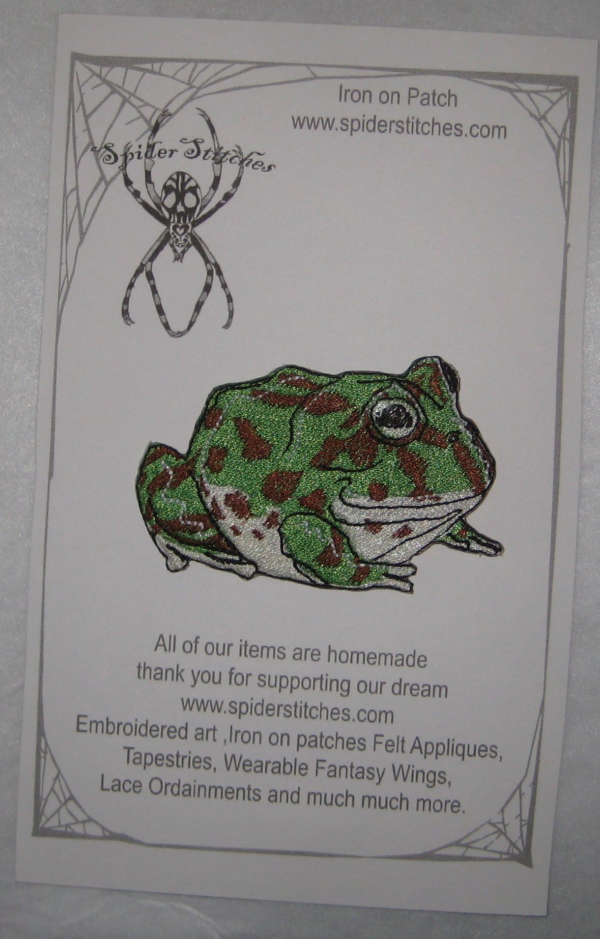 Green Pacman Horned Frog Iron on patch by Spider Stitches