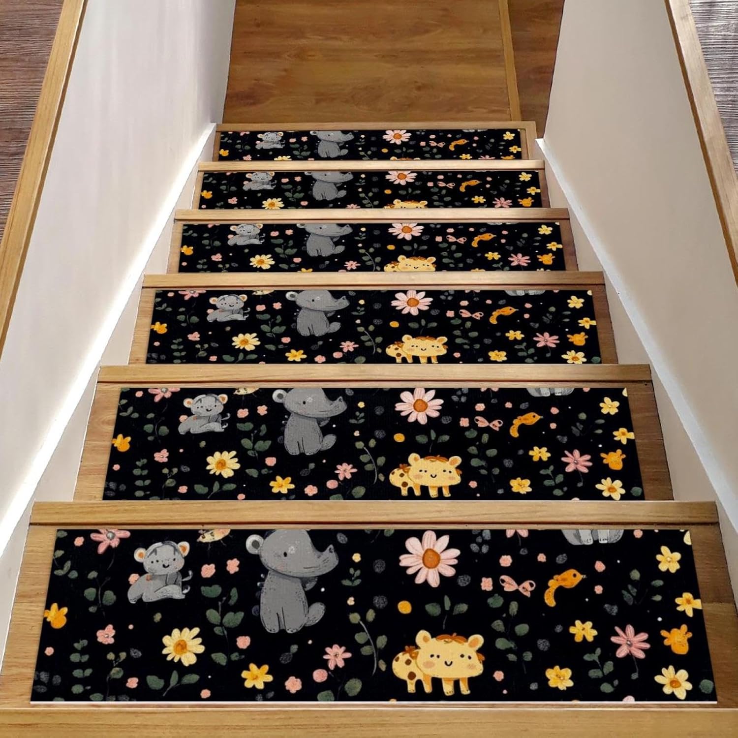 Self Adhesive Residue Free Machine Washable Reusable Stair Treads Non Slip Steps Cute Animals and Flowers Stair Runner Indoor – 15 Pack 30″X8″ Anti Slip Mats