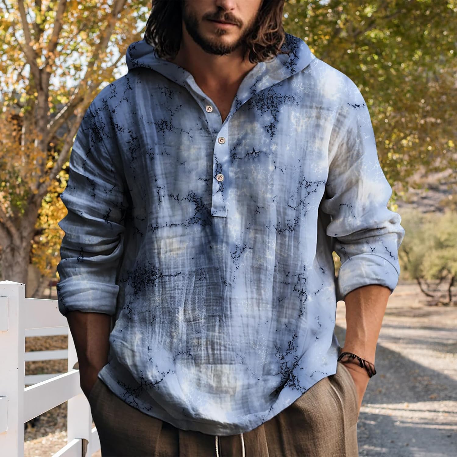 Mens Hooded Tie Dye Button Up Shirt Long Sleeve Casual Pullover Top Relaxed Fit Beach Vacation Streetwear - Image 2