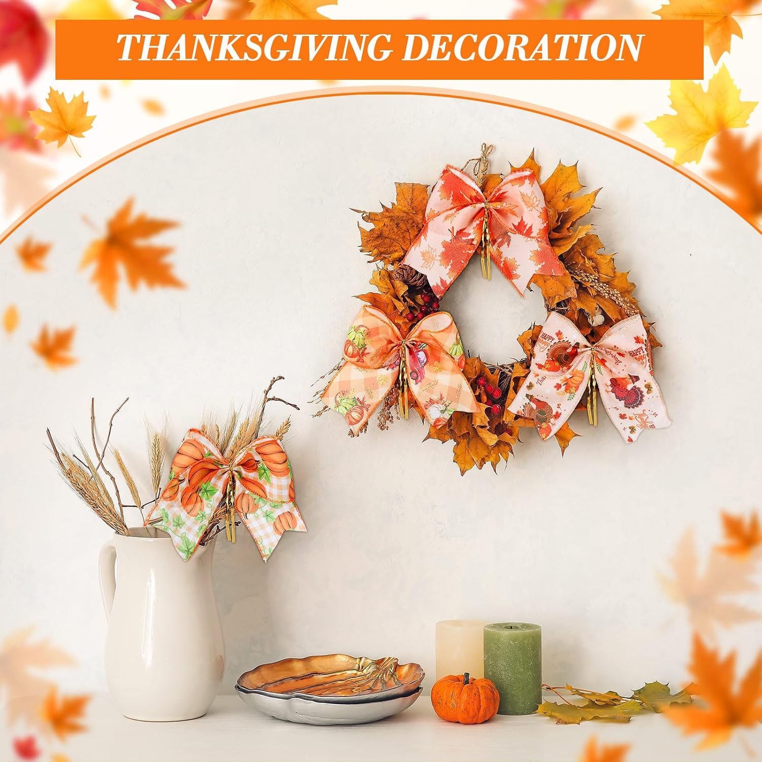 Suncalla 48 Pcs 6 Inch Thanksgiving Wreath Bow Fall Bows Pumpkin Harvest Wreath Bows Autumn Bow for Thanksgiving Gift Indoor Front Door Outdoor Home Wall Decor Supplies