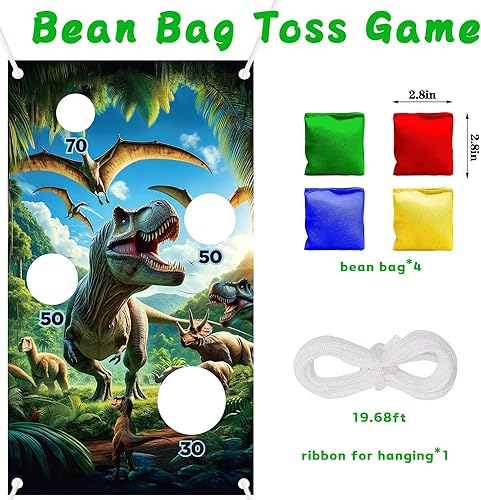 Miniatura 6 de Cartel de juego de lanzamiento del mundo de dinosaurios con 4 bolsas de frijoles, para fotos de dinosaurios, selva tropical de dinosaurio,