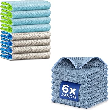 Glass Cleaning Cloth Lint Free Pack of 8 and Waffle Weave Microfiber Cleaning Cloth for Dusting Blue Pack of 6