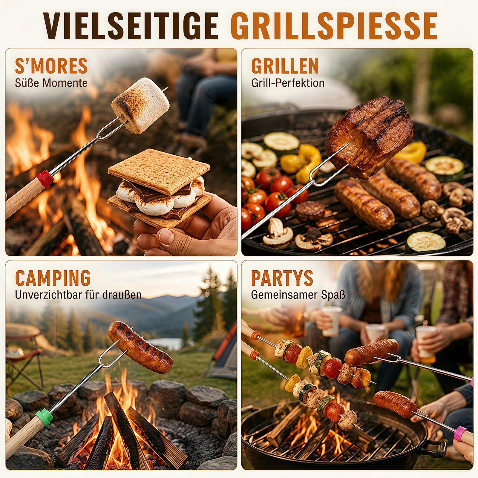 8 Stück Grillspieße Edelstahl, 31-81cmTeleskop Marshmallow Bratstäbe, Roasting Sticks, Lagerfeuer Spieße Lang mit isolierten Griffen für Camping,Gartenparty, Grillparty