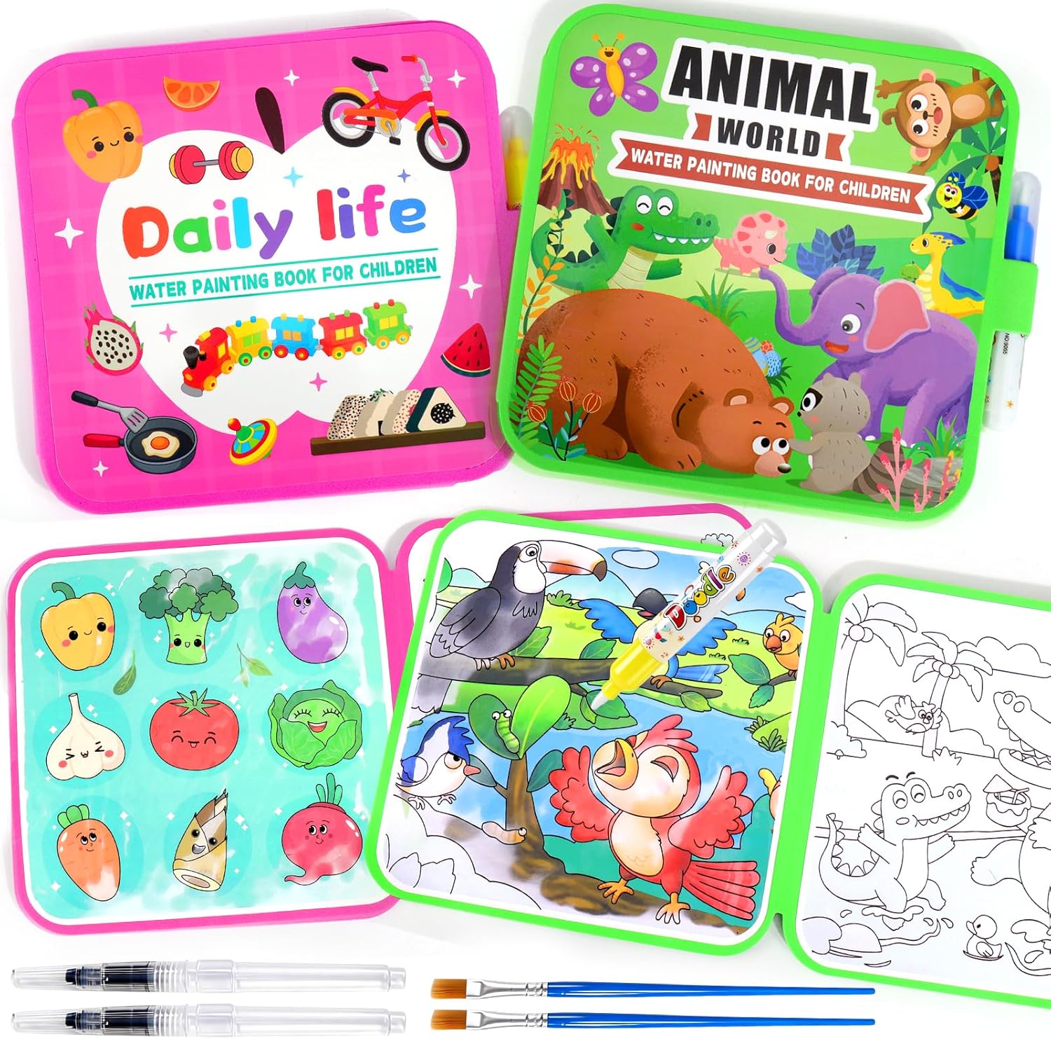 Vodolo Water Painting Book for Toddlers - 4 Pack Reusable Magic Water Coloring Book with 4 Water Pen, Mess Free Painting for Toddlers,No Mess Paint Coloring for Ages 3+ Travel Activity Toys