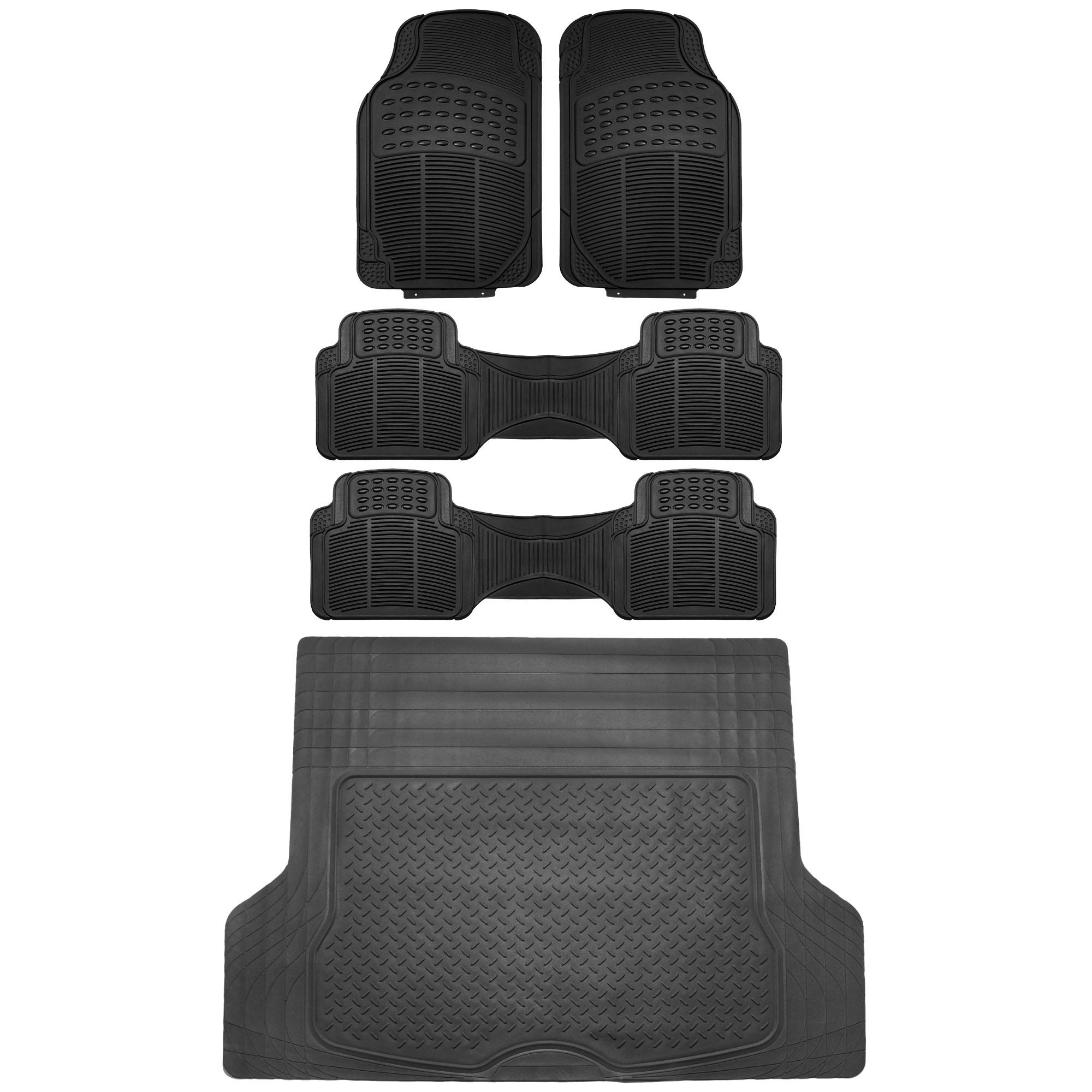 FH Group Climaproof™ Trimmable Non-Slip Vinyl Floor Mats 3 Row Set - Universal Fit for Cars Trucks and SUVs (Black) F11306 + F16400