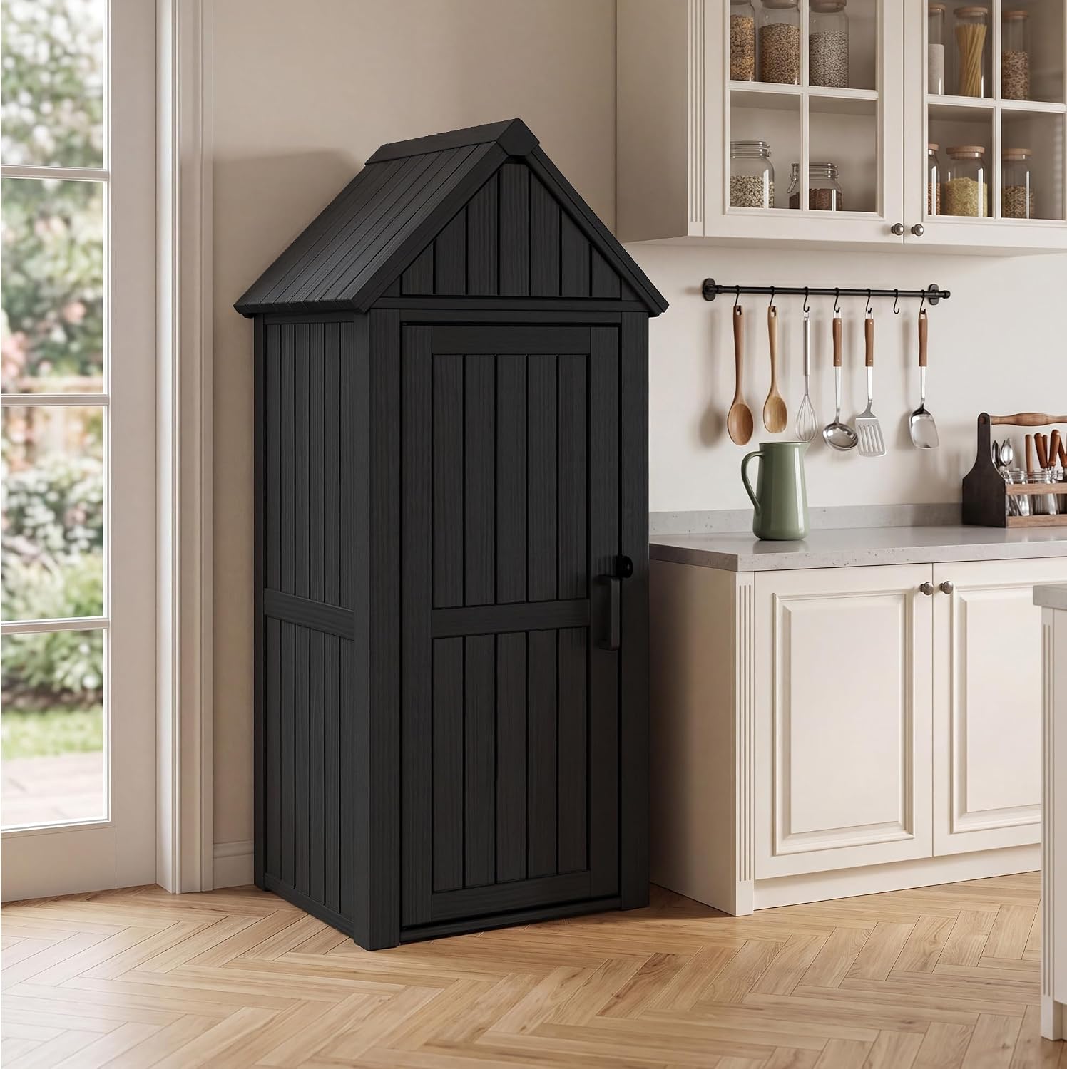 Fancyango Outdoor Resin Storage Cabinet Sturdy All-Weather Shed with Removable Shelves Lock Ring & Reinforced Floor – for Garden Patio Lawn (Black)