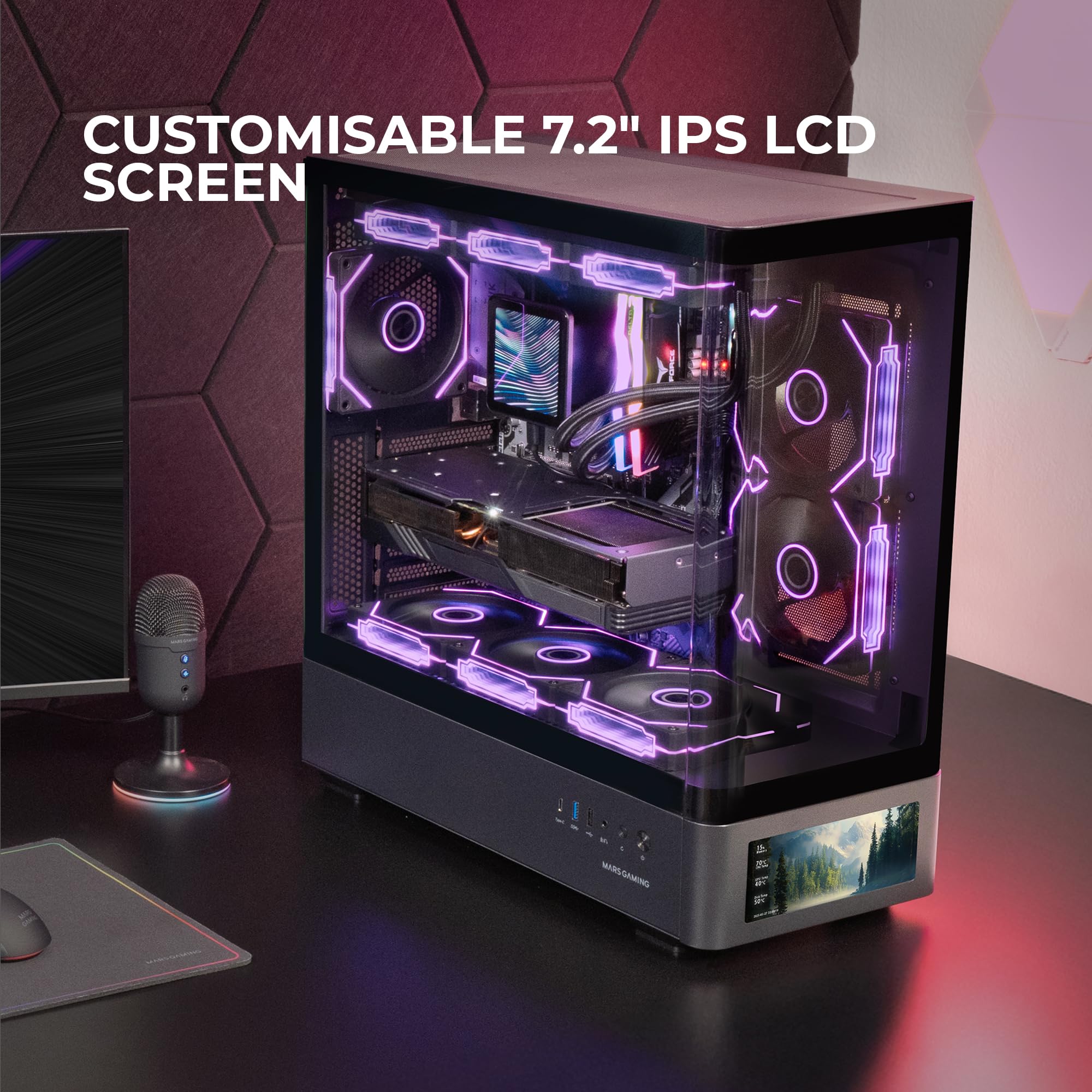 Mars Gaming MC-LCDPRO, Obudowa Gamingowa ATX, Personalizowany Ekran LCD IPS 7.2", Zakrzywione Hartowane Szkło Przód i Bok, Konstrukcja Dwukomorowa, Obsługa Chłodzenia Wodnego do 360mm, Czarny
