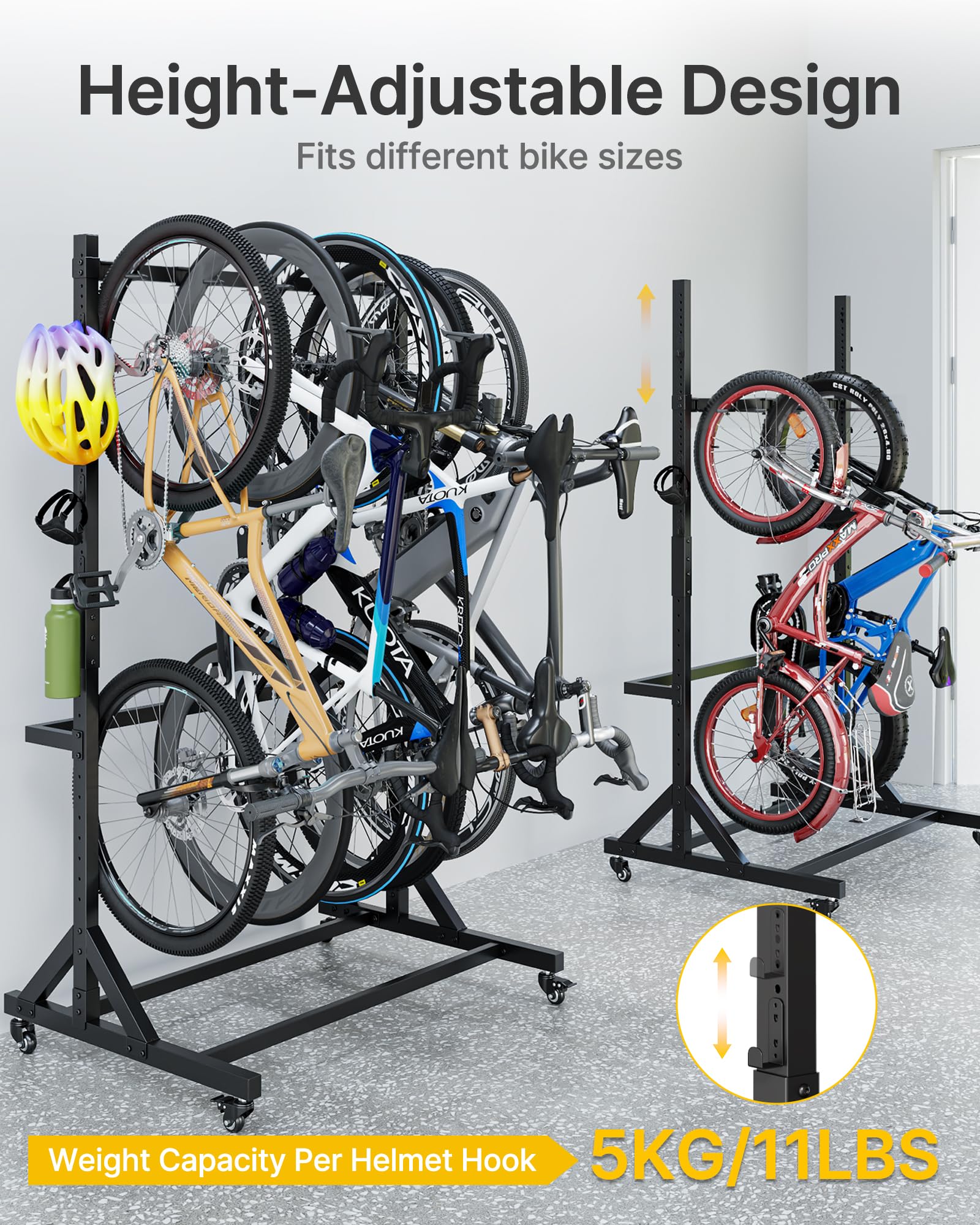 monTEK Freistehender Fahrradständer auf Rädern für 5 Fahrräder und 6 Helme, robuster Stahl-Fahrradständer, verstellbare Höhe, mobiler Fahrrad-Bodenständer für drinnen und Garage, hält bis zu 160 kg
