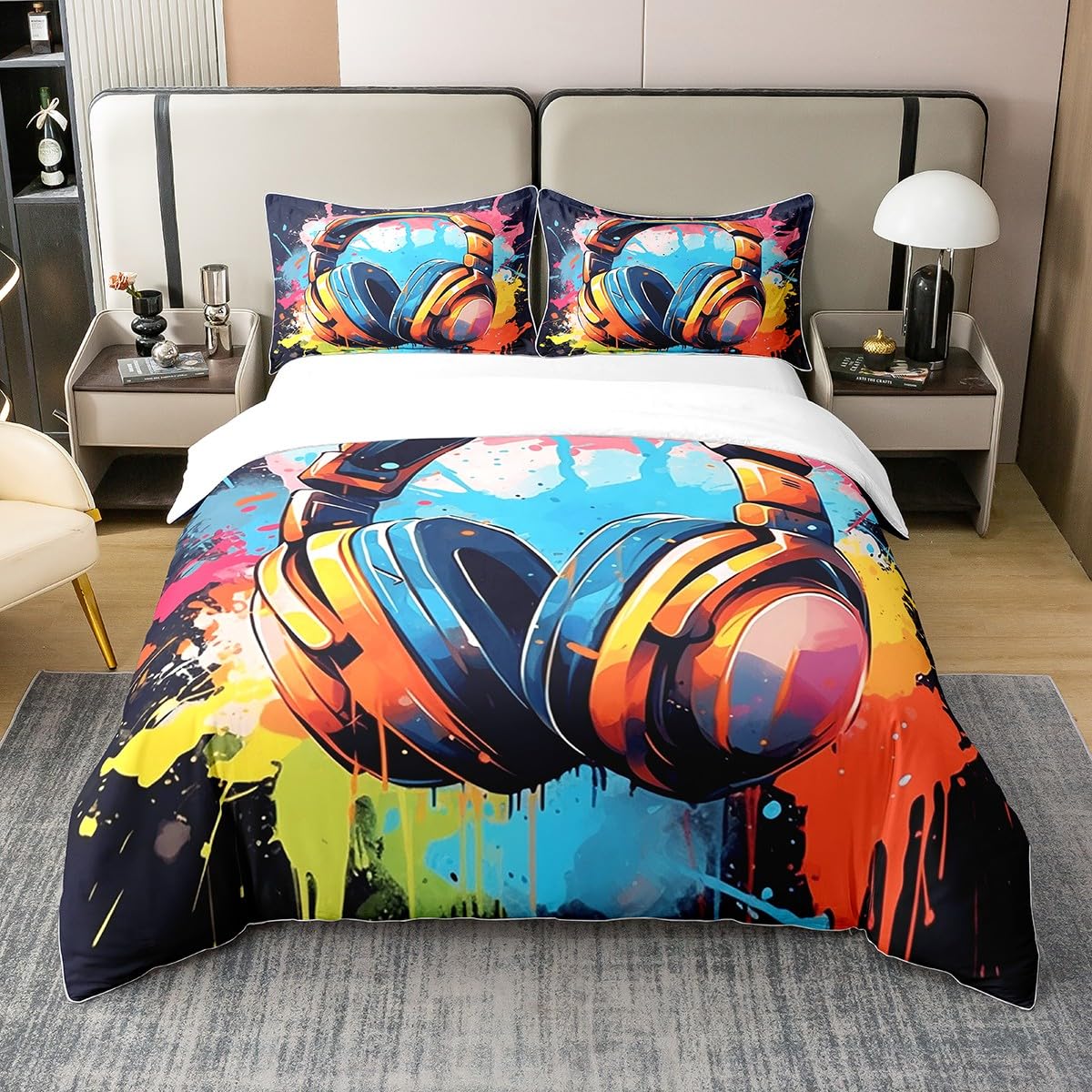 Homemissing Kids Headphones Duvet Cover 100% Cotton Hippie Graffiti Style Bedding Set Double for Boys Girls Street Culture Comforter Cover Set Grunge Art Bedspread Cover With 2 Pillow Case