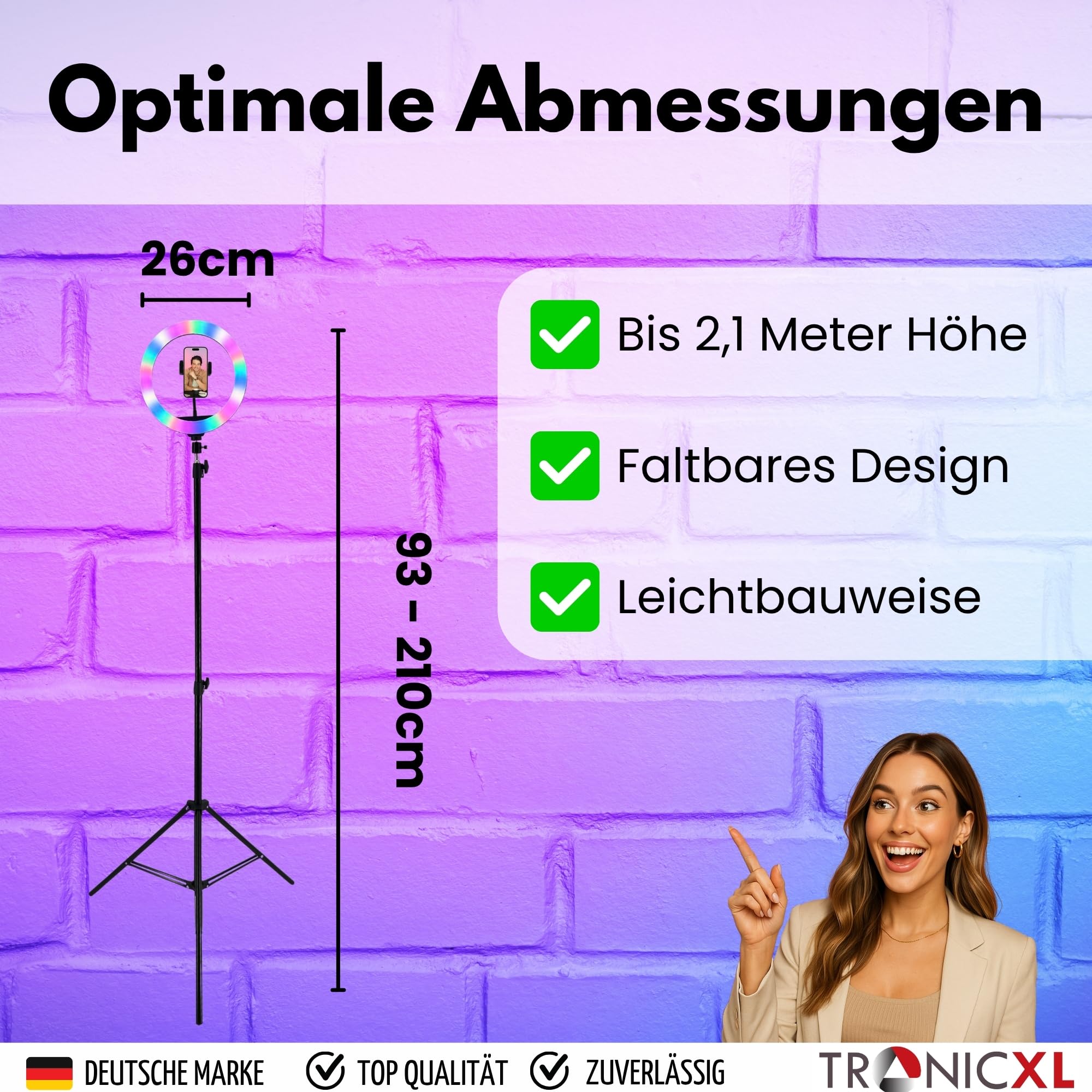 TronicXL Lampa pierścieniowa RGB LED ze statywem 210 cm duży + pierścień świetlny z uchwytem na smartfon, Tripod Beauty Light statyw do aparatu fotograficznego uchwyt na telefon komórkowy I do TikTok