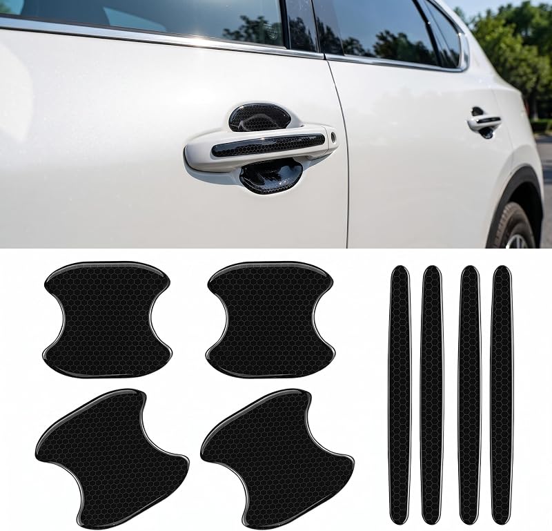 8 PCS Car Door Handle Bowl Sticker, Reflective Anti-bumping Paint Scratch Protector, Thickened Waterproof Decoration Film, Self-adhesive Exterior Accessory for Most Cars SUVs Pickups (Black)