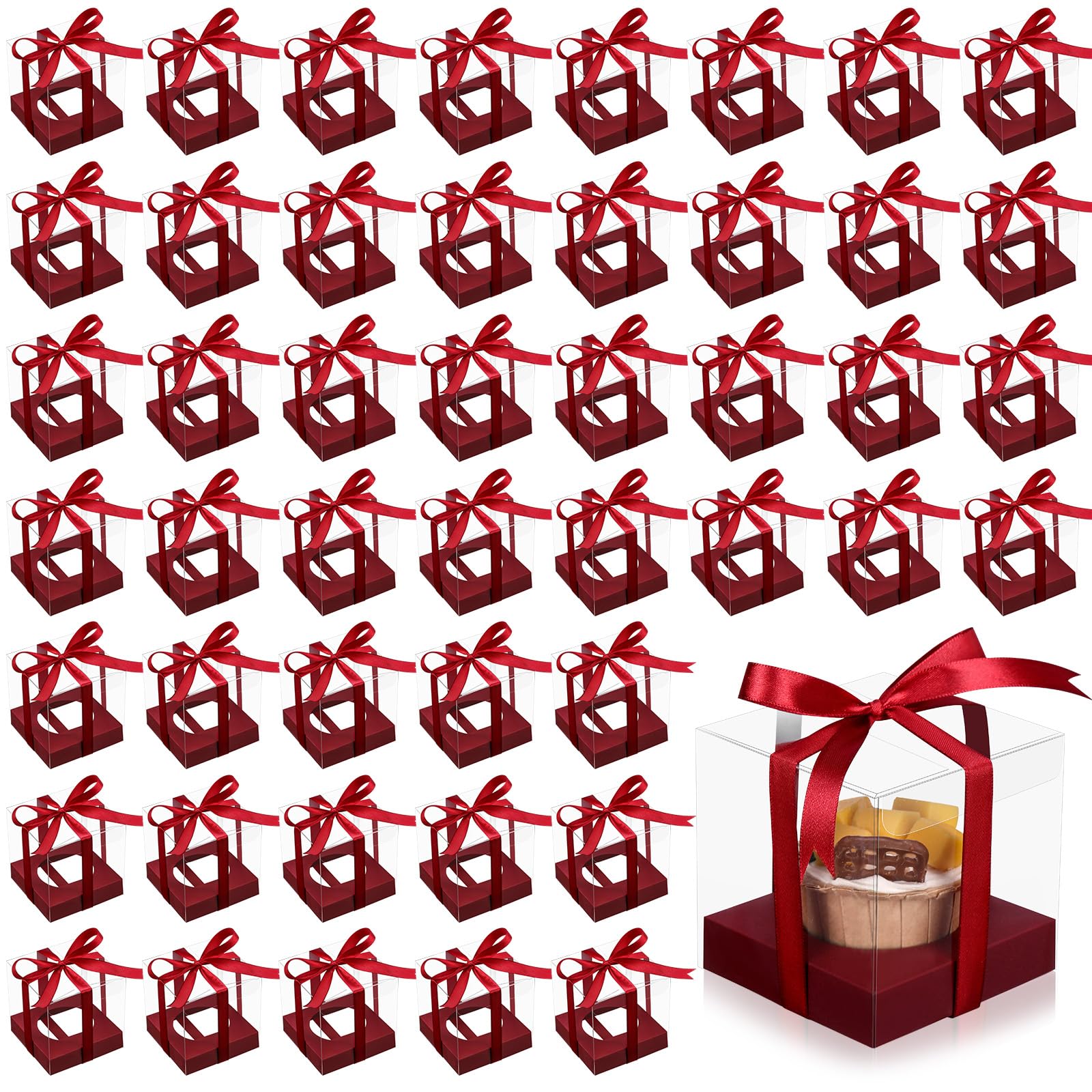 Thenshop 50 Pcs Clear Cupcake Boxes Individual 3.5 Inch Plastic Single Cupcake Containers Boxes with Inserts and Ribbon Individual Cake Storage