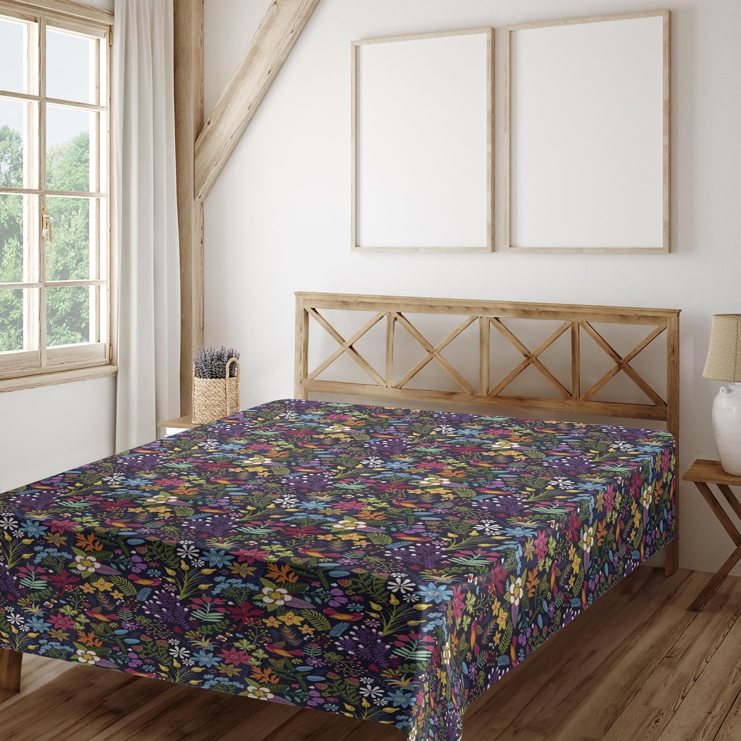 Ambesonne Colorful Flat Sheet, Feminine Floral Composition Spring Nature Prospering Garden on Dark Background, Soft and Comfortable Top Sheet Decorative Bedding 1 Piece, Full Size, Dark Purple